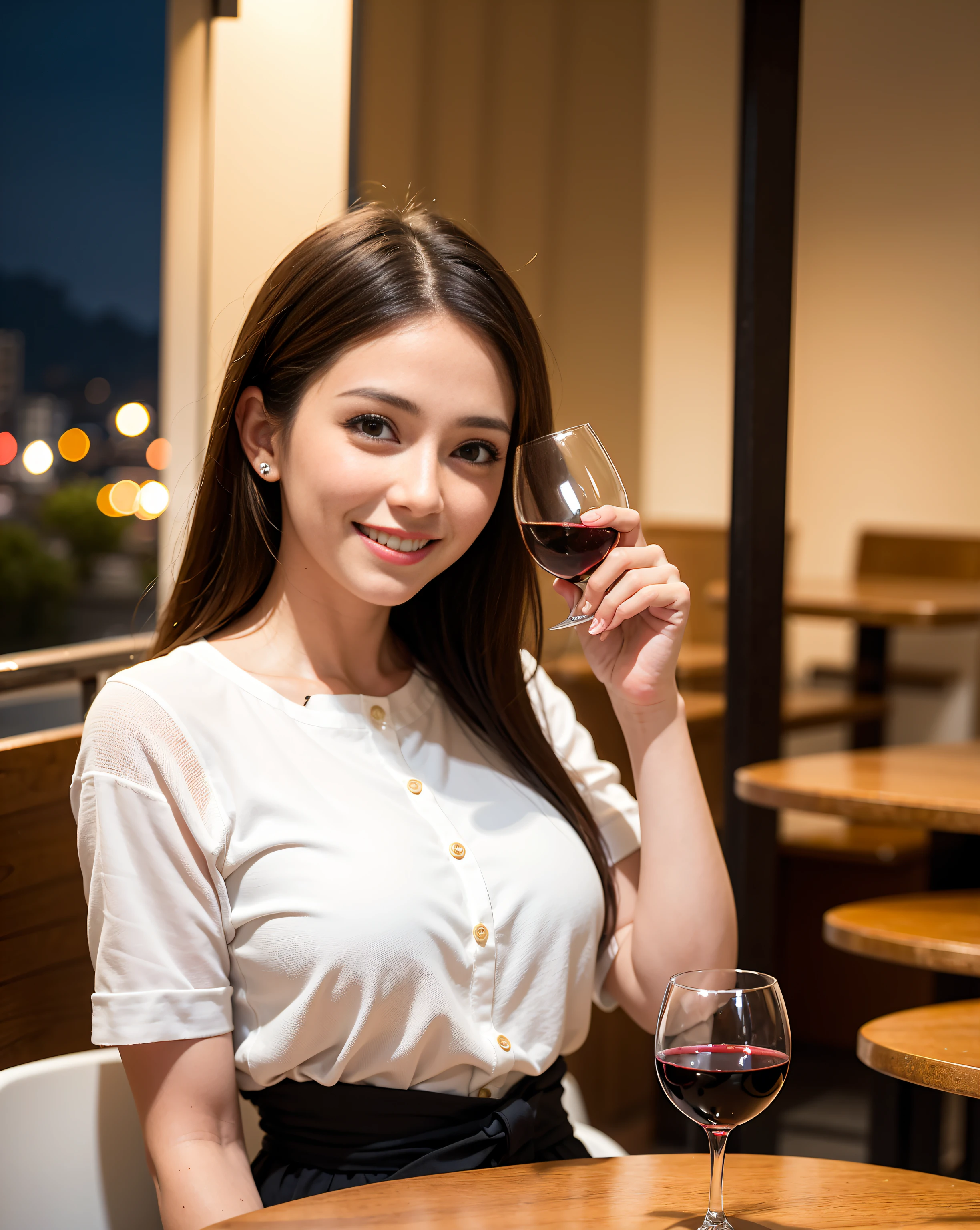 (64K, UHD, top quality, masterpiece: 1.2), (realistic, photorealistic: 1.37), super detailed, pretty woman 1 person, (slim face), (slim body), (brown hair), (short cut), cheeks slightly blushing, (44 years old), 38 years old, solo, beautiful detailed urban night view outside the window, restaurant, wine glasses sit, at night, in a prominent placeNovaFrogStyle, Actress, Model, Waist Up, White Wine, Slim, Wine Glass, Super Clean Night View, Wine Glass Put in the Middle, Happy Smile, (Smile: 1.15), Beautiful Fine Eyes, Upper Body, Bust Japan Up, Night, Short, Short, Actress, Model, Waist Up, White Wine, Slim, Wine Glass, Super Clean Night View, Wine Glass Put in the Middle, Happy Smile,