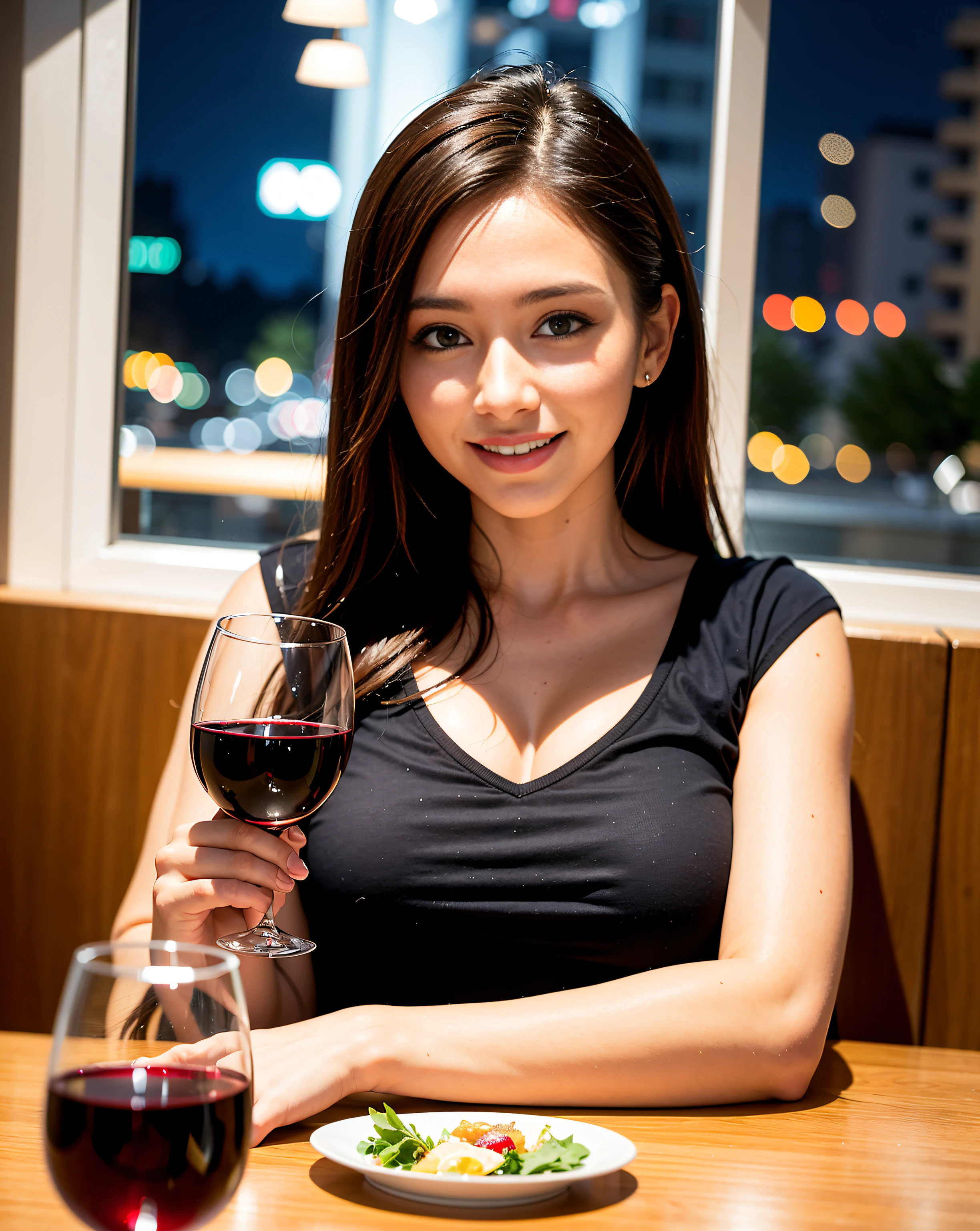 (64K, UHD, top quality, masterpiece: 1.2), (realistic, photorealistic: 1.37), super detailed, pretty woman 1 person, (slim face), (slim body), (brown hair), (short cut), cheeks slightly blushing, (44 years old), 38 years old, solo, beautiful detailed urban night view outside the window, restaurant, wine glasses sit, at night, in a prominent placeNovaFrogStyle, Actress, Model, Waist Up, White Wine, Slim, Wine Glass, Super Clean Night View, Wine Glass Put in the Middle, Happy Smile, (Smile: 1.15), Beautiful Fine Eyes, Upper Body, Bust Japan Up, Night, Short, Short, Actress, Model, Waist Up, White Wine, Slim, Wine Glass, Super Clean Night View, Wine Glass Put in the Middle, Happy Smile,