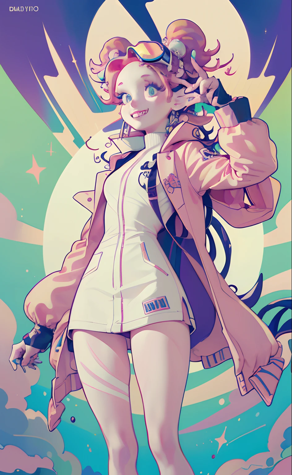 (Masterpiece, Best quality, A high resolution, Ultra detailed:1.2),Deepen finger detail, (Solo, 1girll, Cowboy shot), Dokumiku, double tails, mitts, goggles on head, multicolored hair, Pink eyelashes, Purple eyes, Green jacket, Break, grin, teeth, (Dynamic pose, crazy, Mad scientist), (multicolored background)