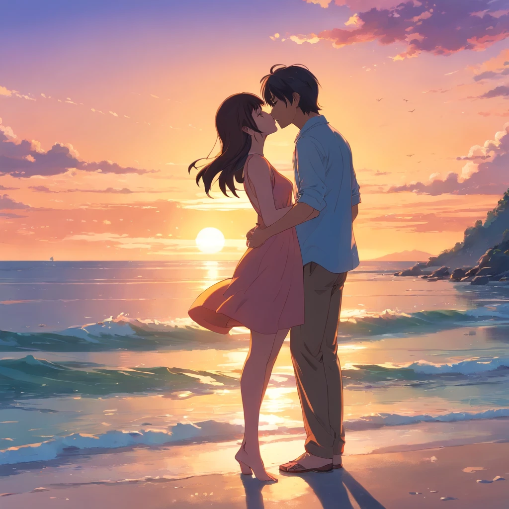 A man and a sexy woman kiss by the sea in the sunset