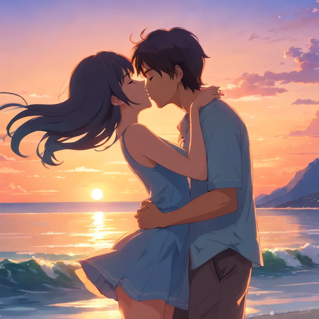 A man and a sexy woman kiss by the sea in the sunset