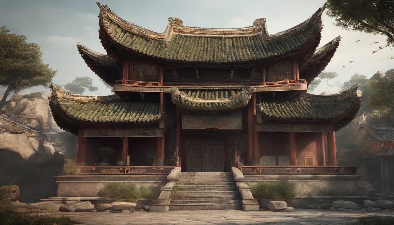 Ancient Chinese jianghu style block house，The shop has a bull's head shape on the top