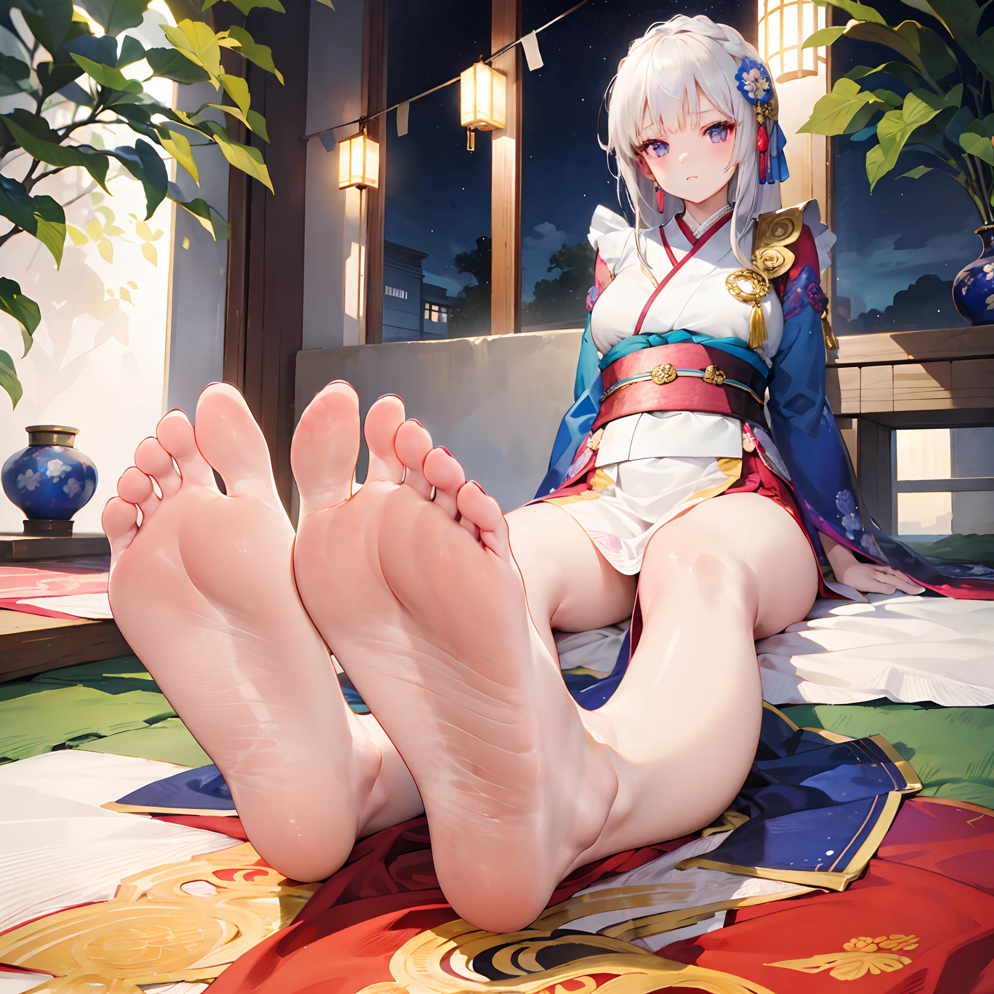 (A cute girl,Sit barefoot,Reveal her delicate feet),Barefoot,Long narrow eyes,A look of disdain,Beautifully designed traditional Japanese costumes,Rich in patterns,Silk fabric,Soft and shiny fabric, Vibrant colors,Floral embroidery and gold thread,flowing short dress,Long sleeves,elaborate detail,White and tender feet,Five toes,Details of the soles of the feet,Petite feet,Minimalist background,subtly lit,Photorealistic style,Vivid colors,Detailed rendering,high resolution,4K quality,Sharp focus.