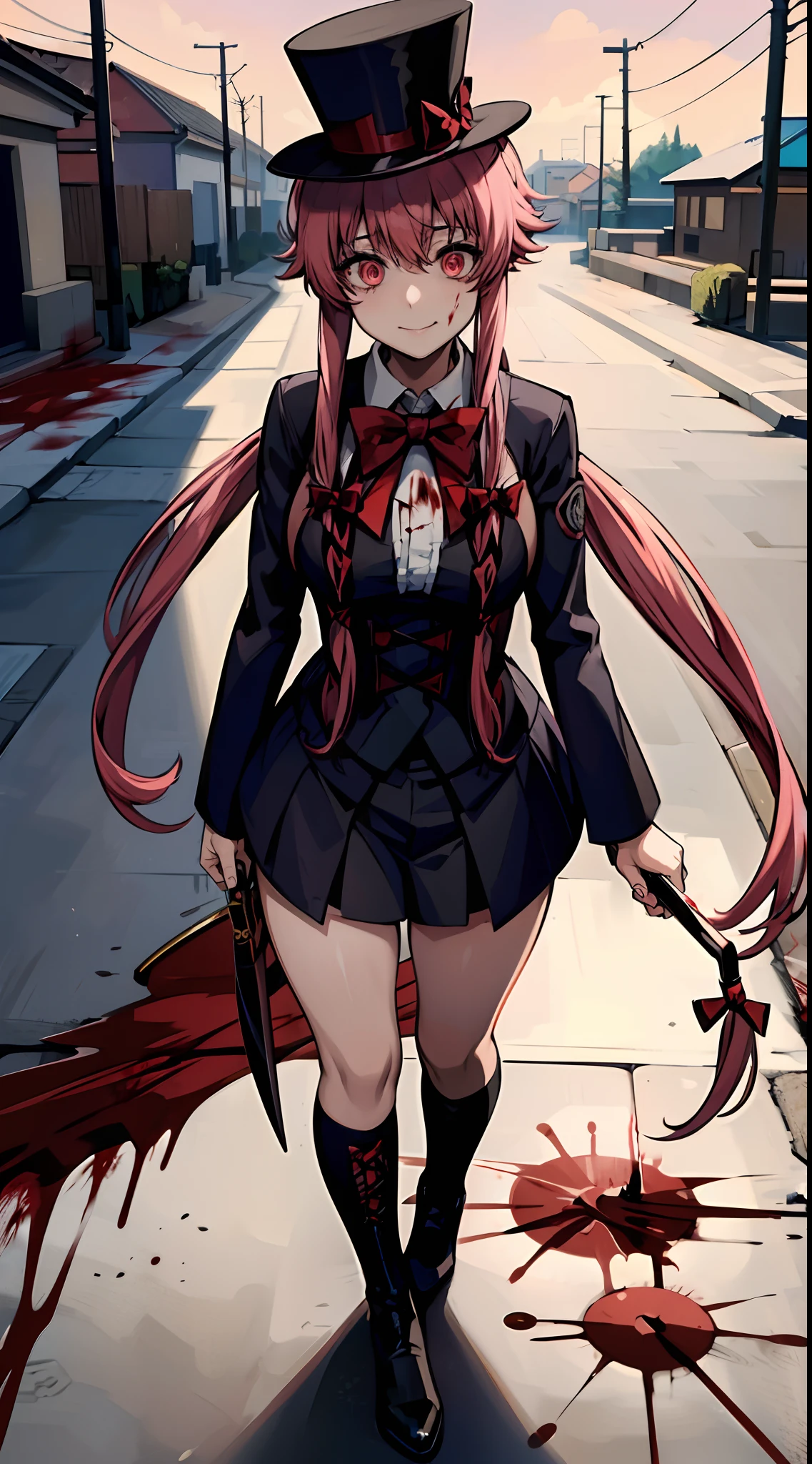 yuno gasai, long hair, pink hair, smile, low twintails, yuno gasai, (Black, Lilien Tailcoat Black Pure Rose:1.37), (large breasts:1.5), 1girl, red eyes, (night:1.1), (evil eyes:1.1), Ladies Lace Up Boots, blood, (black trousers:1.1), (out door:1.5), (top hat:1.5), (evil:1.5), jack the ripper, (blood on body:1.5), (evil eyes:1.4), 4k, 8k, killing