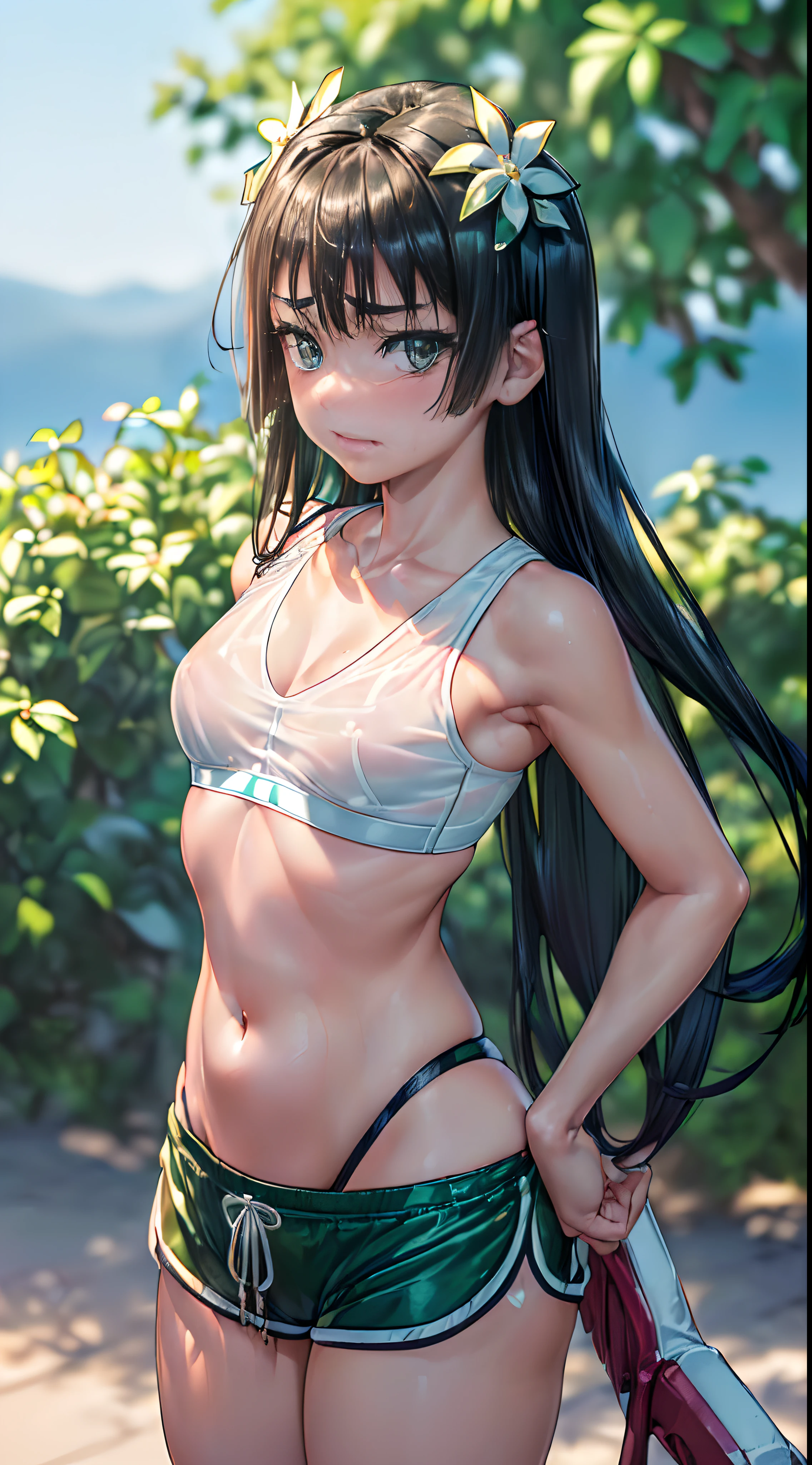 (((​masterpiece,top-quality,超A high resolution))),1womanl, ,((())),Beautiful breasts,12year old,,(((serious faces)),(((I'm blushing))),(((Nariko Saten)),,(((Best Quality,4K,in 8K))),((closes mouth)),(((See-through white sports bra and shorts)),(((Facing backwards))),