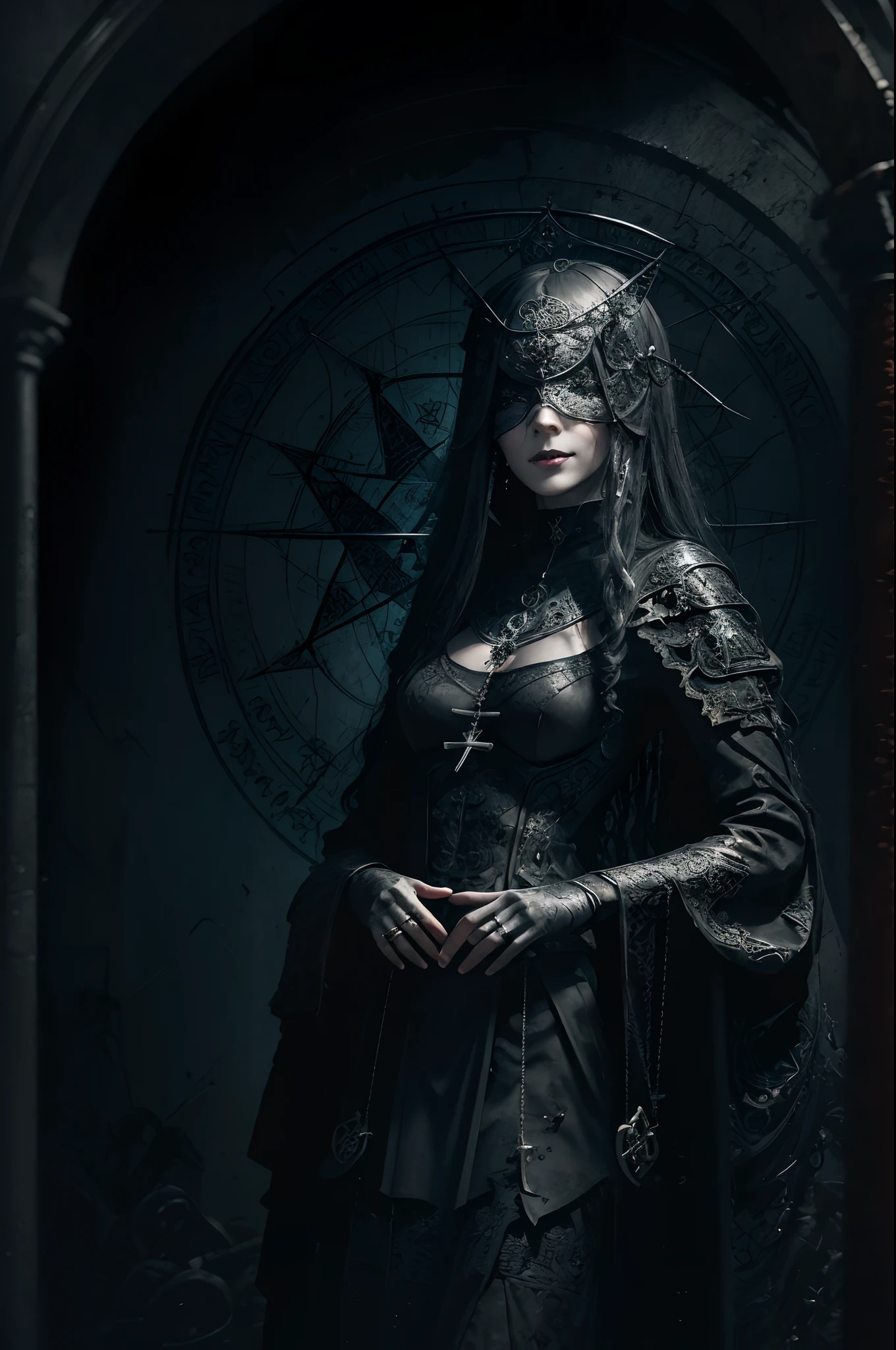 (Masterpiece:1), realistic, ((cinematic lighting)), official art, unity 8k wallpaper, ultra detailed, beautiful and aesthetic, High quality, beautiful, best quality, ((occult symbols)), esoteric, holy divination, fractal patterns, (a sister), a madure 40 years old woman wearing a silver blind mask, (smile: 0.8), thin and slender, black long hair (black hair: 1.2), black lips, perfect hands, perfect fingers, straight hair, choker, (black clothes), armor, ((Cassock)), capelet, elbow gloves, a crow (a crow: 1.2), on side, full body (from below, dutch_angle: 1.1), dutch angle, gothic cemetery, horror, dark_fantasy.