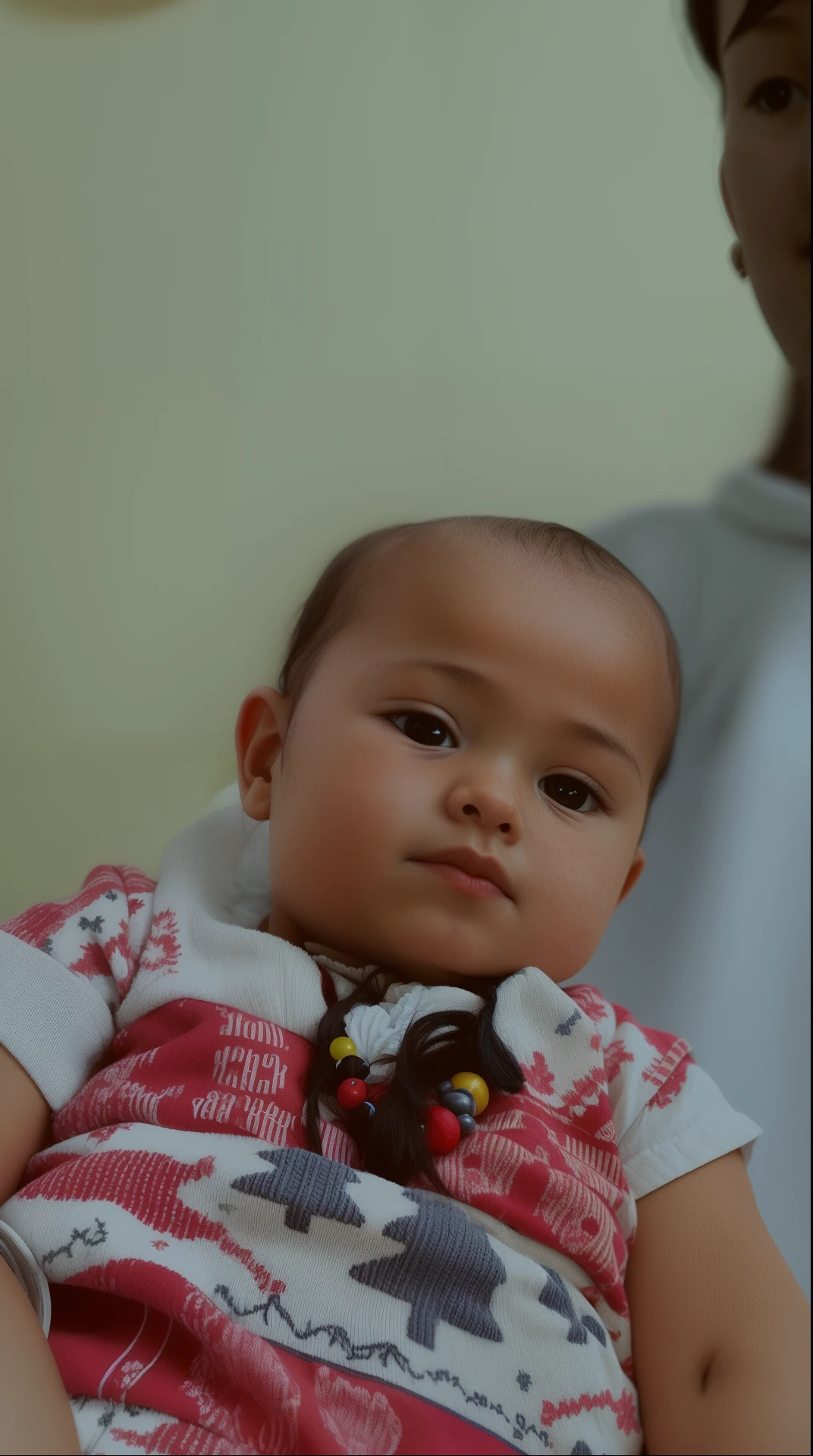 there is a woman holding a baby in her arms, young child, closeup portrait shot, close up portrait shot, close - up portrait shot, very very low quality picture, edited in photoshop, innocent face, innocent look, close portrait, low quality photograph, detailed portrait shot, close up portrait, serious focussed look, medium close up portrait