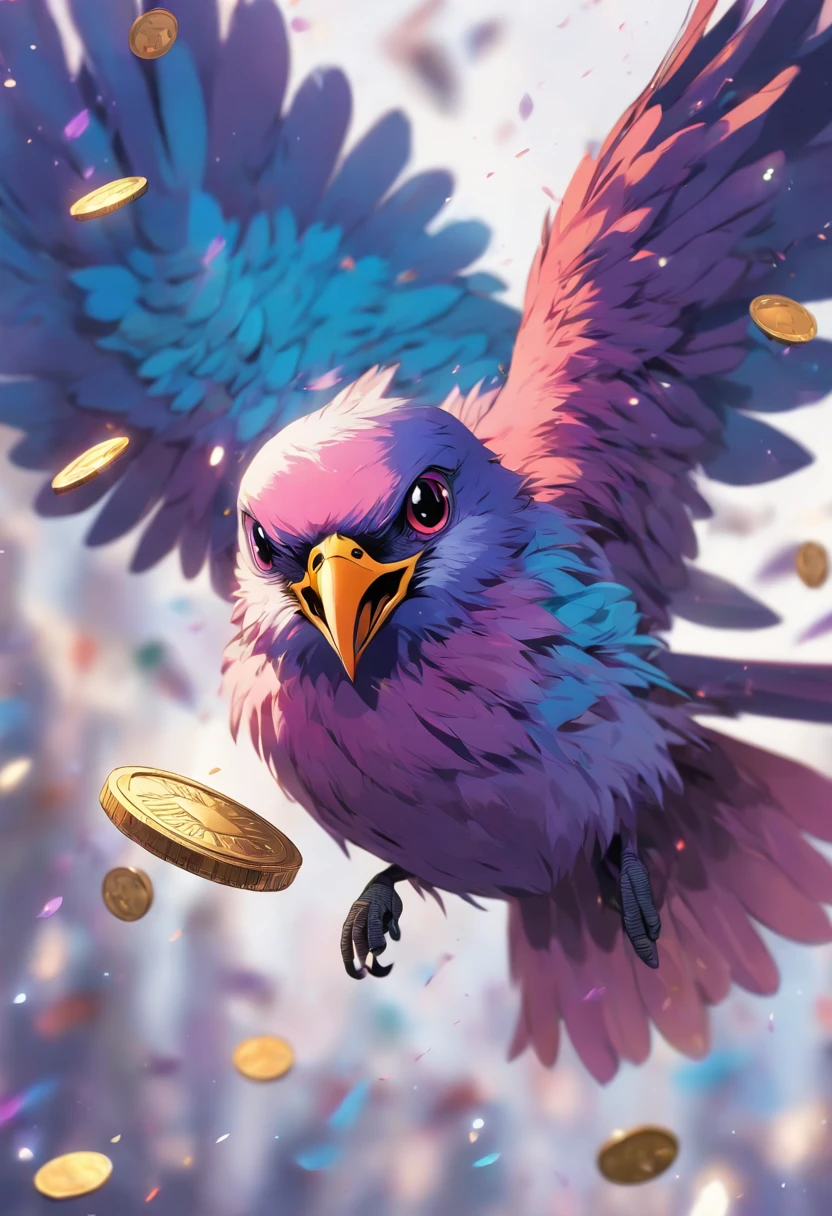 a small bird, flying in a white background. Its feathers are purple. It is holding a small coin.