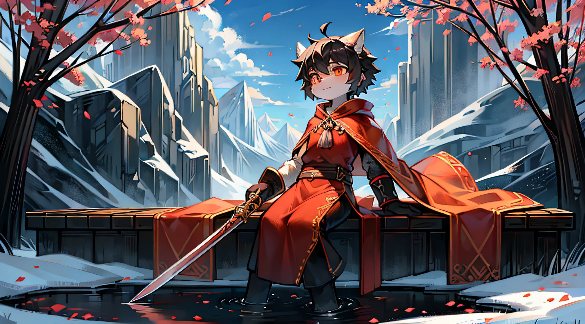 Black Haired Wolf，long red cloak，orange color shirt，falling flower petals，Mountains，Shota，adolable，Orange pupils，sitted，flowing river，snowfield，out a hand，solo person，clear blue skies，Expectant eyes，head looking up，having fun，rays of sunshine，Look into the distance，A confident expression，Tree with white petals，White petals，ornate backdrop，Look away，Ambiguous gender，k hd，White face，Holding a long sword