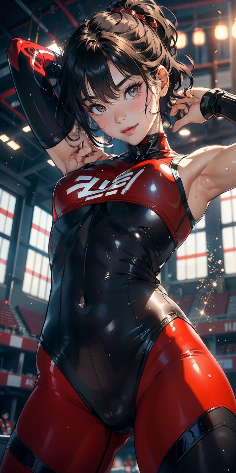 -yeld gi 独奏, Wearing a tight-fitting red transparent tights bodysuit、With a thin fabric that emphasizes smiling buttocks、Super close-up looking up from below、gymnast、​masterpiece, top-quality, realisitic, ultra-detailliert, (shinny skin, Sweating: 1.4), Versatile sexy poses、short dark hair, Brown-eyed, slender, dynamic light and shadow, hight resolution, foco nítido, depth of fields, Narrow-eyed, Sharp pupils, Realistic pupils, (breasts are small: 1.6), (Thigh thickness: 1.0),Gymnastics Stadium