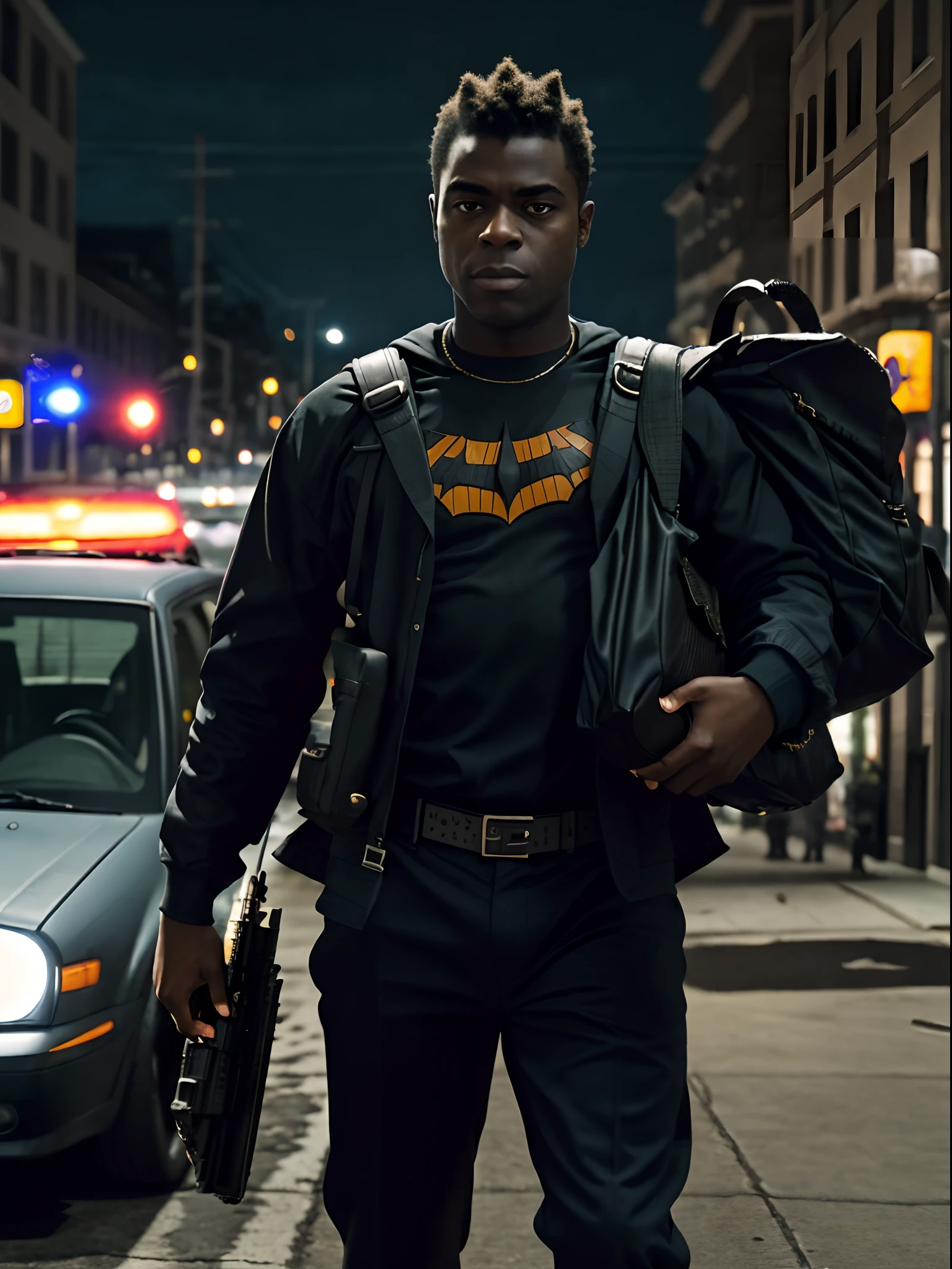 Kodak black as bat man returning to his home town realistic holding gun and bag of weed