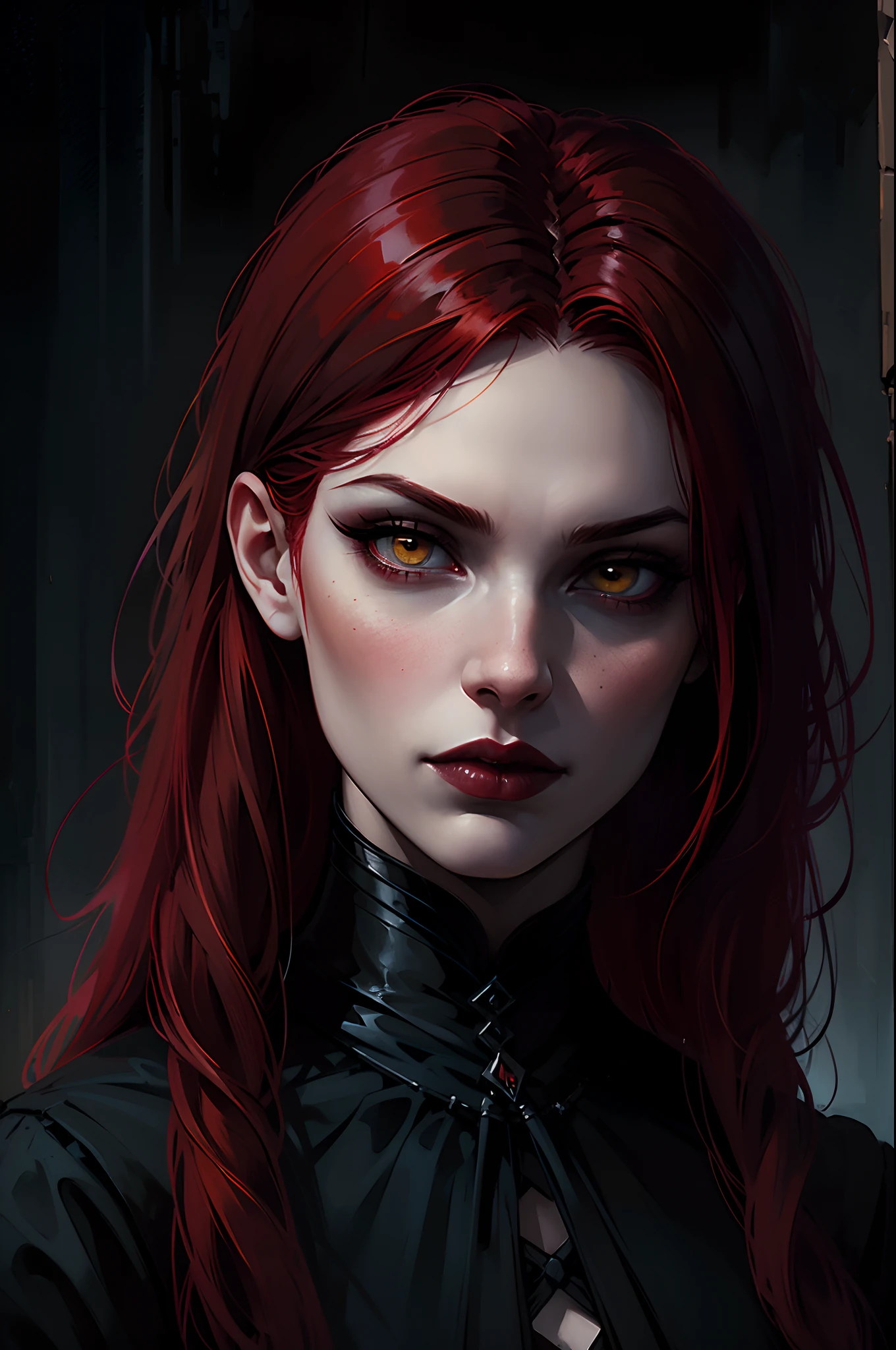 (best quality,4k,8k,highres,masterpiece:1.2),ultra-detailed,(realistic,photorealistic,photo-realistic:1.37),a 16-year-old bloody killer girl,red hair,red eyes,blood on face,blood on clothes,wearing a trench coat and black cape,Van Helsing style,detailed eyes and face,beautiful detailed lips,extremely detailed eyes,longeyelashes,assassin,gothic style,sharp focus,dark atmosphere,expressive pose,night scene,gritty texture,dramatic lighting,vivid colors