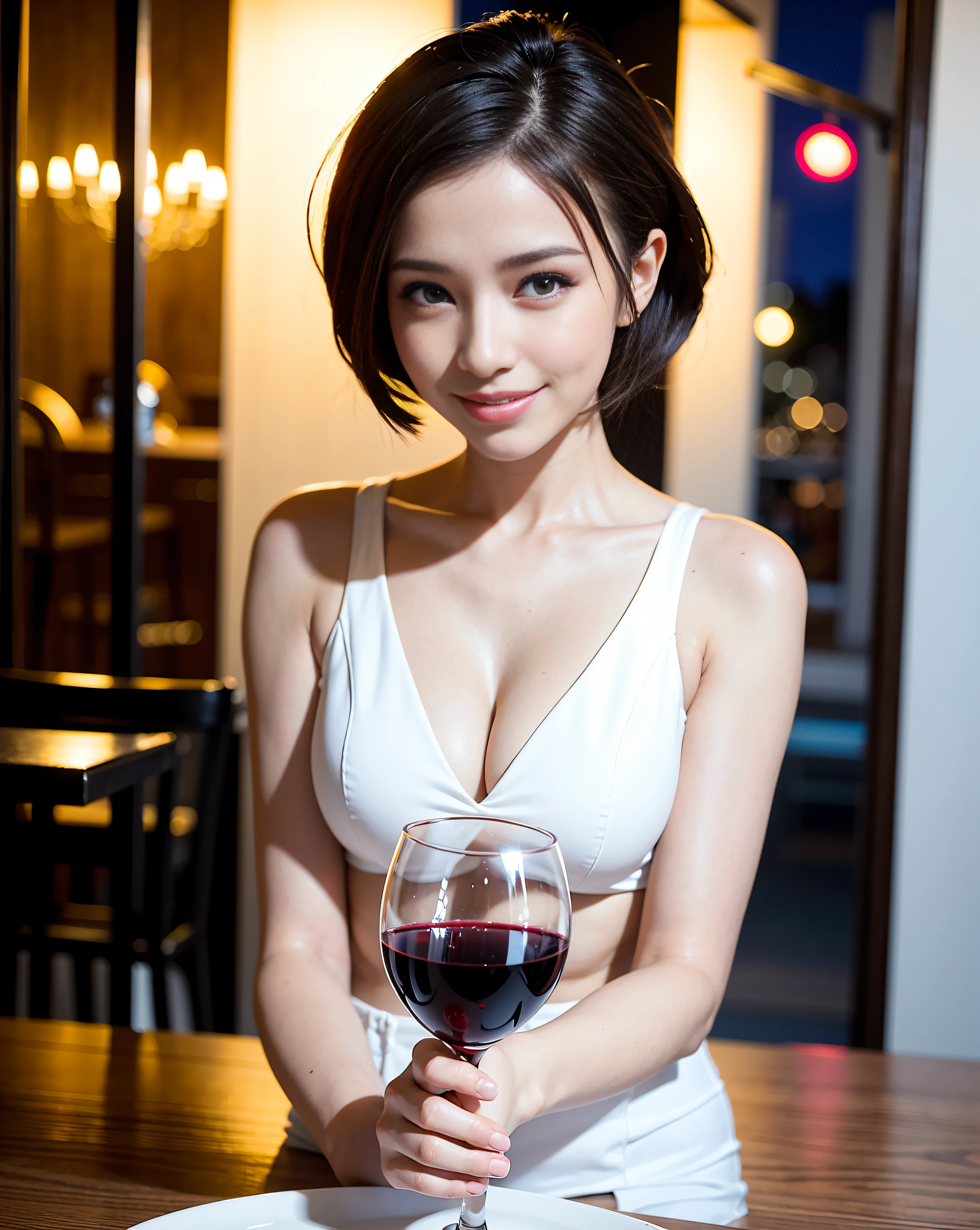 (64K, UHD, top quality, masterpiece: 1.2), (realistic, photorealistic: 1.37), super detailed, pretty woman 1 person, (slim face), (slim body), (brown hair), (short cut), cheeks slightly blushing, (44 years old), 38 years old, solo, beautiful detailed urban night view outside the window, restaurant, wine glasses sit, at night, in a prominent placeNovaFrogStyle, Actress, Model, Waist Up, White Wine, Slim, Wine Glass, Super Clean Night View, Wine Glass Put in the Middle, Happy Smile, (Smile: 1.15), Beautiful Fine Eyes, Upper Body, Bust Japan Up, Night, Short, Short, Actress, Model, Waist Up, White Wine, Slim, Wine Glass, Super Clean Night View, Wine Glass Put in the Middle, Happy Smile,