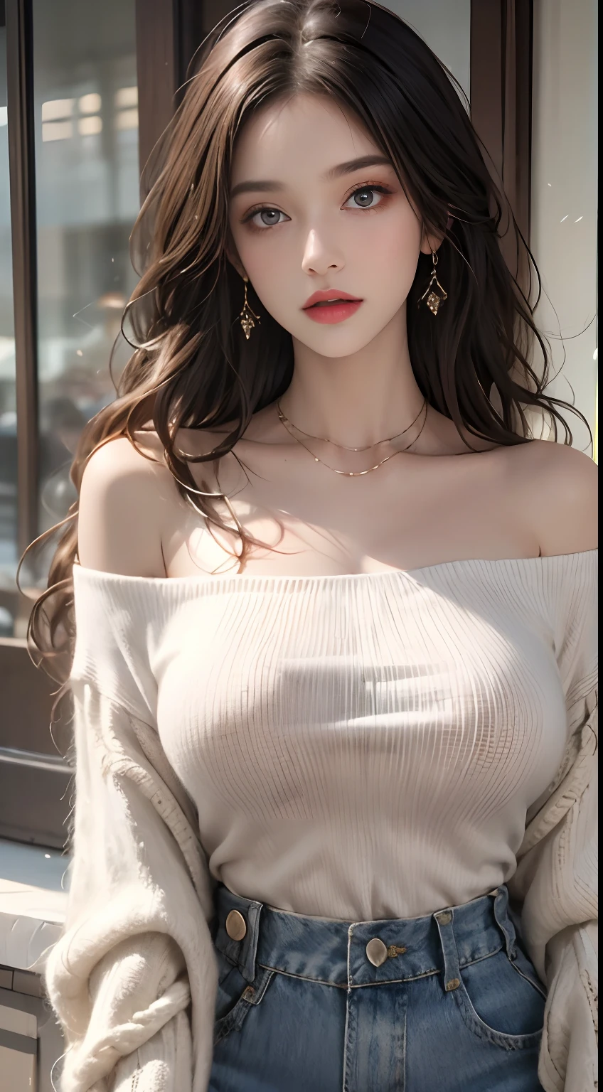Off-shoulder knitwear、pinafore、nffsw,best qualtiy:1.4, Photorealista:1.4, Skin Texture:1.4, masterpiece:1.8, 1 Women, hips up high, beautidful eyes, The long-haired, Ringed Eyes, large full breasts