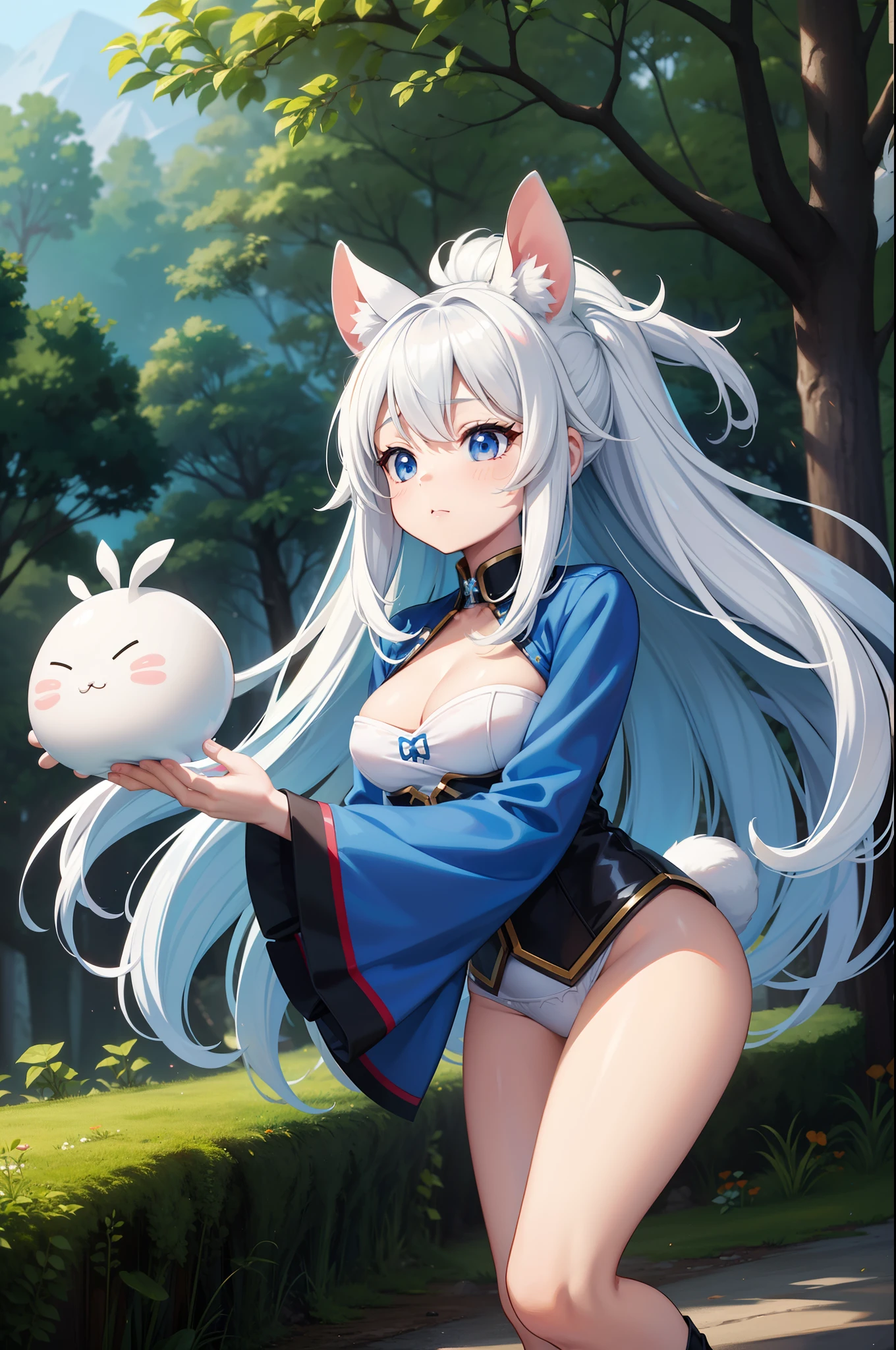 in woods　White rabbit with carrots and long ears,  long white ears、I'm with a girl with long blue hair and a chibi character。This is a lovely white and blue sexy outfit。White panty、Dark eyes。cute forest creature, Cute mushrooms also grow、Lovely digital painting, cute detailed digital art, the squirrel king, adorable digital art, cute cartoon characters, cute character, Adorable creatures, cas, official illustrations, offcial art, a squirrel, maplestory mouse, astri lohne,  cute 3d render