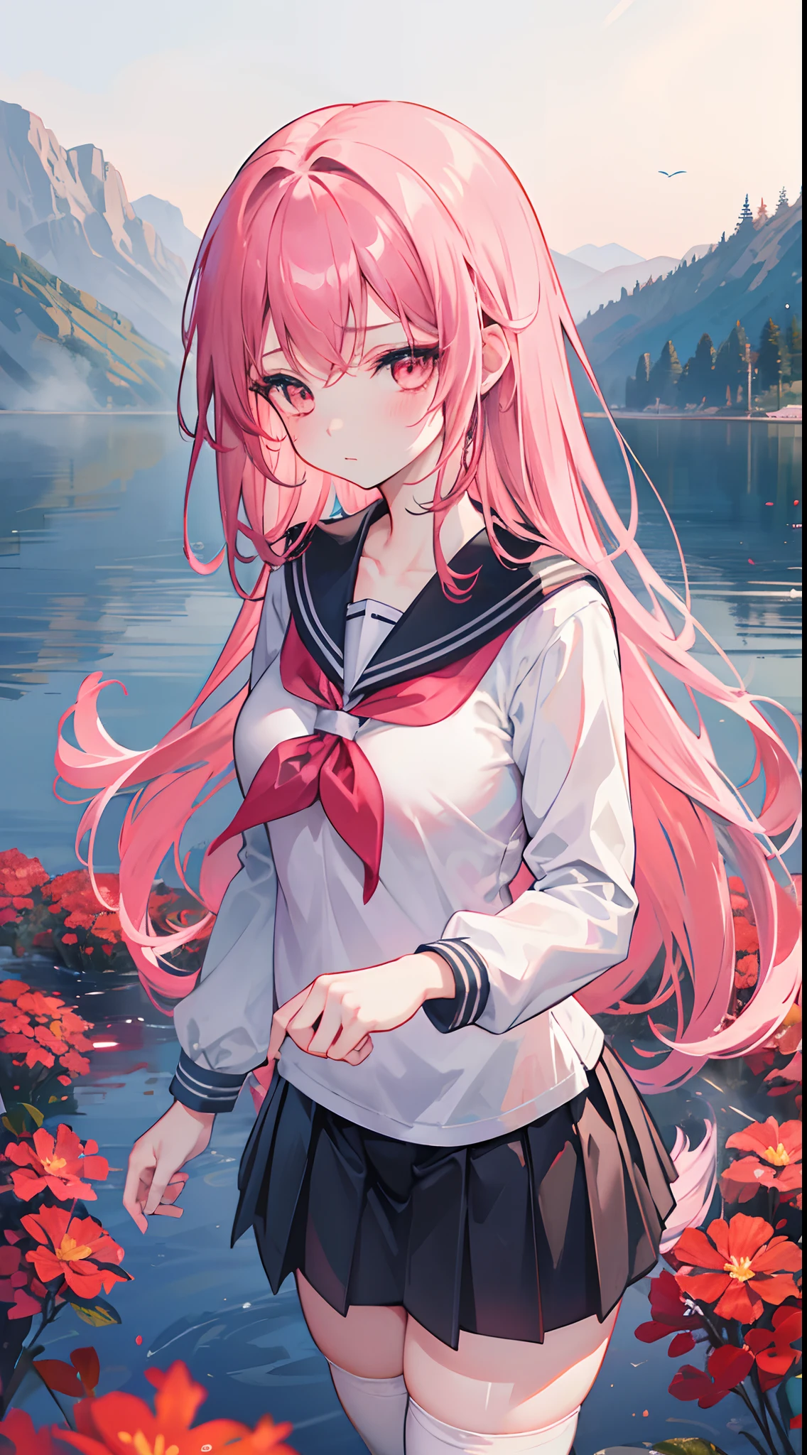 eye shadows，Blushlush，tmasterpiece，Pink Long Hair，dual horsetail，Big Breasts Girl，Sailor uniform uniform school uniform，black lence stockings，short  skirt，A small boat standing on the Great Lake，The surrounding shore is covered with red flowers，It looked like early morning，Shrouded in a fog，Fireflies flicker in the fog，The girl's face was full of expressions of contempt for everything，A faint smile，a warm color palette