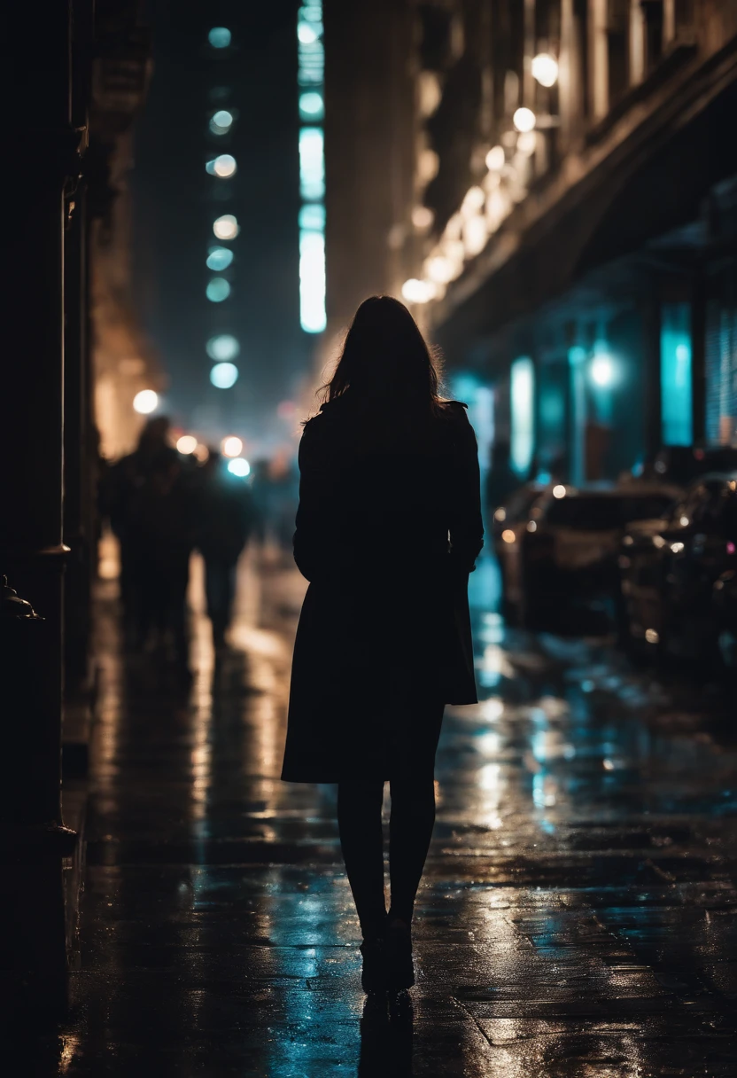A girl on the street at night,detail-rich,Best quality,Photorealistic,night time lighting,Vivid colors,city scenery,Dramatic atmosphere,Lonely,pensive expression,Long black hair,breathtaking beauty,City lights shine,Shadows and reflections,mystical ambiance,graffiti-covered walls,Empty streets,Wet pavement,Sparkling raindrops,Silhouette of a high-rise building,Blurred headlights in the background,Surreal feeling,fog atmosphere,urban exploration,Calm and peaceful,Late night stroll,fashionable attire,captivatinggaze,Subtle shades of blue and purple,Narrow alleys and hidden corners