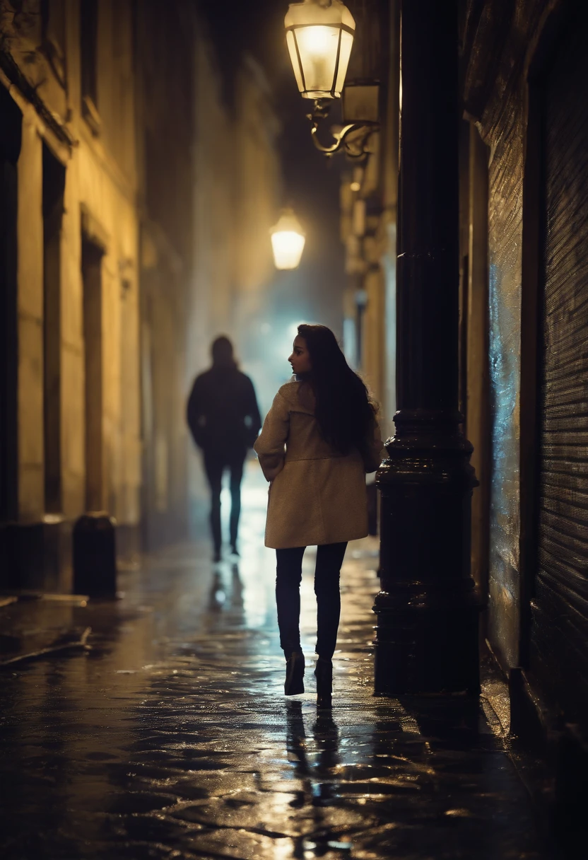 A girl on the street at night,detail-rich,Best quality,Photorealistic,night time lighting,Vivid colors,city scenery,Dramatic atmosphere,Lonely,pensive expression,Long black hair,breathtaking beauty,City lights shine,Shadows and reflections,mystical ambiance,graffiti-covered walls,Empty streets,Wet pavement,Sparkling raindrops,Silhouette of a high-rise building,Blurred headlights in the background,Surreal feeling,fog atmosphere,urban exploration,Calm and peaceful,Late night stroll,fashionable attire,captivatinggaze,Subtle shades of blue and purple,Narrow alleys and hidden corners