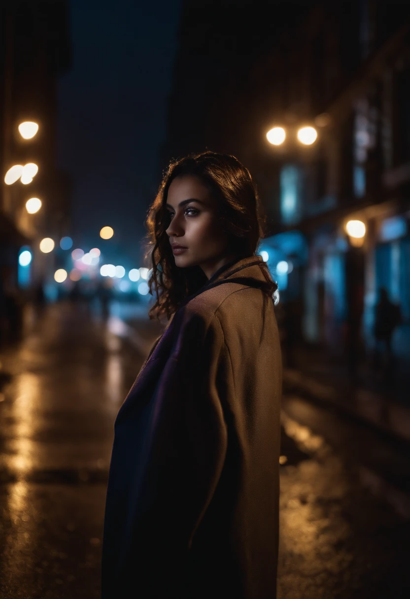 A girl on the street at night,detail-rich,Best quality,Photorealistic,night time lighting,Vivid colors,city scenery,Dramatic atmosphere,Lonely,pensive expression,Long black hair,breathtaking beauty,City lights shine,Shadows and reflections,mystical ambiance,graffiti-covered walls,Empty streets,Wet pavement,Sparkling raindrops,Silhouette of a high-rise building,Blurred headlights in the background,Surreal feeling,fog atmosphere,urban exploration,Calm and peaceful,Late night stroll,fashionable attire,captivatinggaze,Subtle shades of blue and purple,Narrow alleys and hidden corners