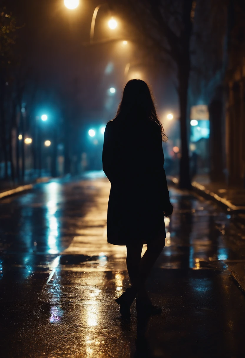 A girl on the street at night,detail-rich,Best quality,Photorealistic,night time lighting,Vivid colors,city scenery,Dramatic atmosphere,Lonely,pensive expression,Long black hair,breathtaking beauty,City lights shine,Shadows and reflections,mystical ambiance,graffiti-covered walls,Empty streets,Wet pavement,Sparkling raindrops,Silhouette of a high-rise building,Blurred headlights in the background,Surreal feeling,fog atmosphere,urban exploration,Calm and peaceful,Late night stroll,fashionable attire,captivatinggaze,Subtle shades of blue and purple,Narrow alleys and hidden corners