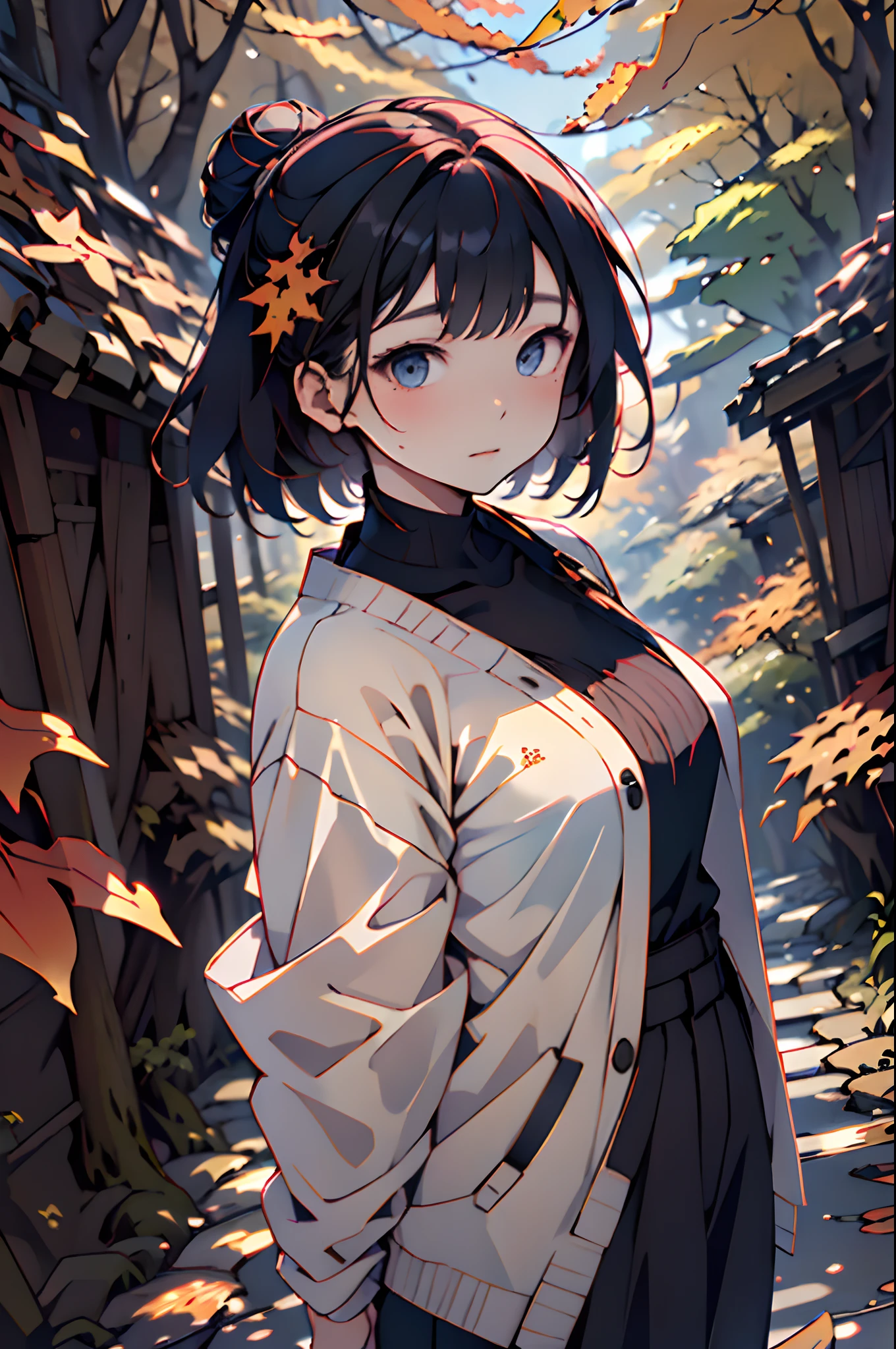 realisitic、((Forest of autumn leaves))、Woman in the forest and sunshine, a 20 yo woman、shorth hair, Nice hairstyle, Nice clothes、Looking at the camera、Colored leaves