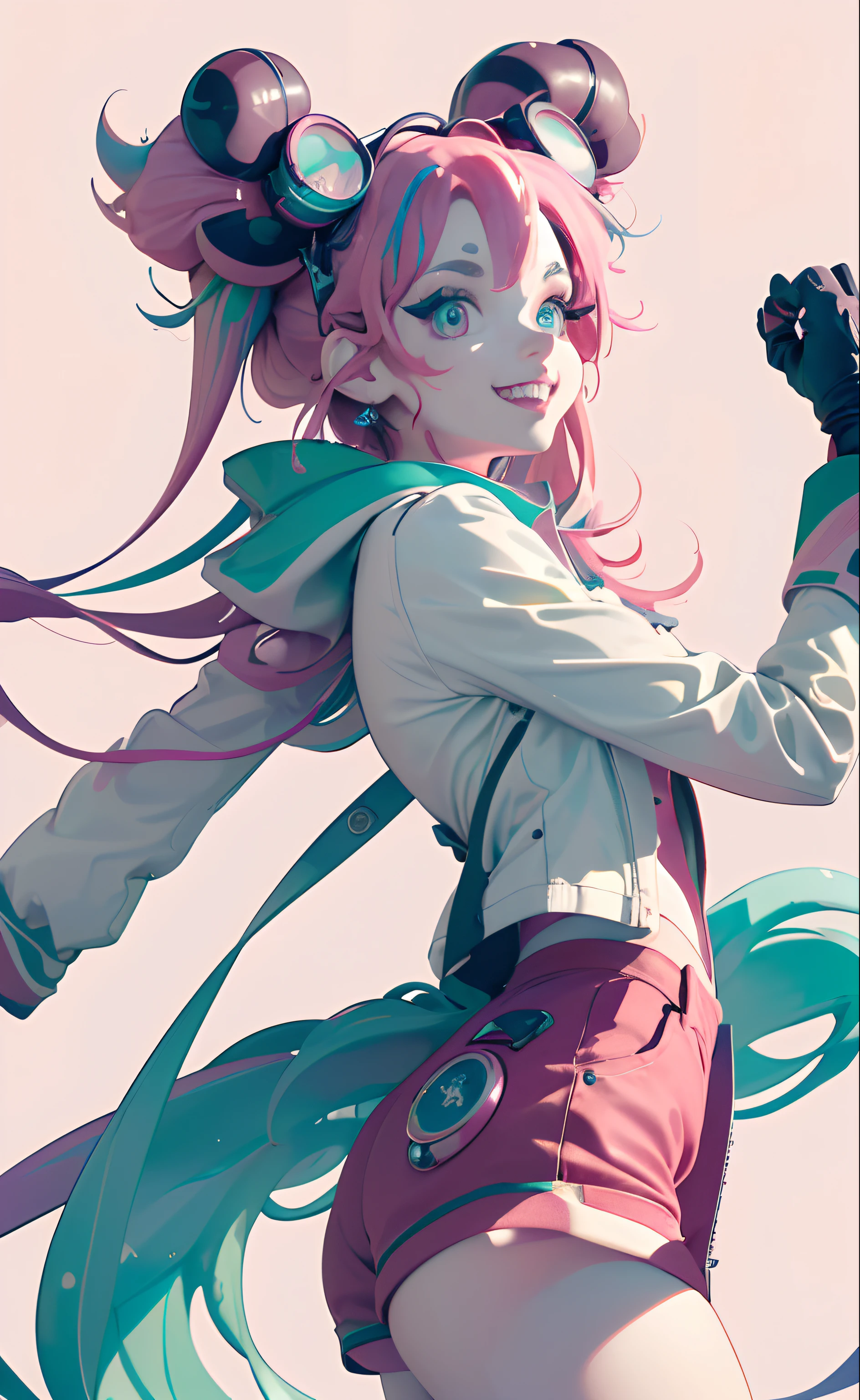 (Masterpiece, Best quality, A high resolution, Ultra detailed:1.2),Deepen finger detail, (Solo, 1girll, Cowboy shot), Dokumiku, double tails, mitts, goggles on head, multicolored hair, Pink eyelashes, Purple eyes, Green jacket, Break, grin, teeth, (Dynamic pose, crazy, Mad scientist), (multicolored background)