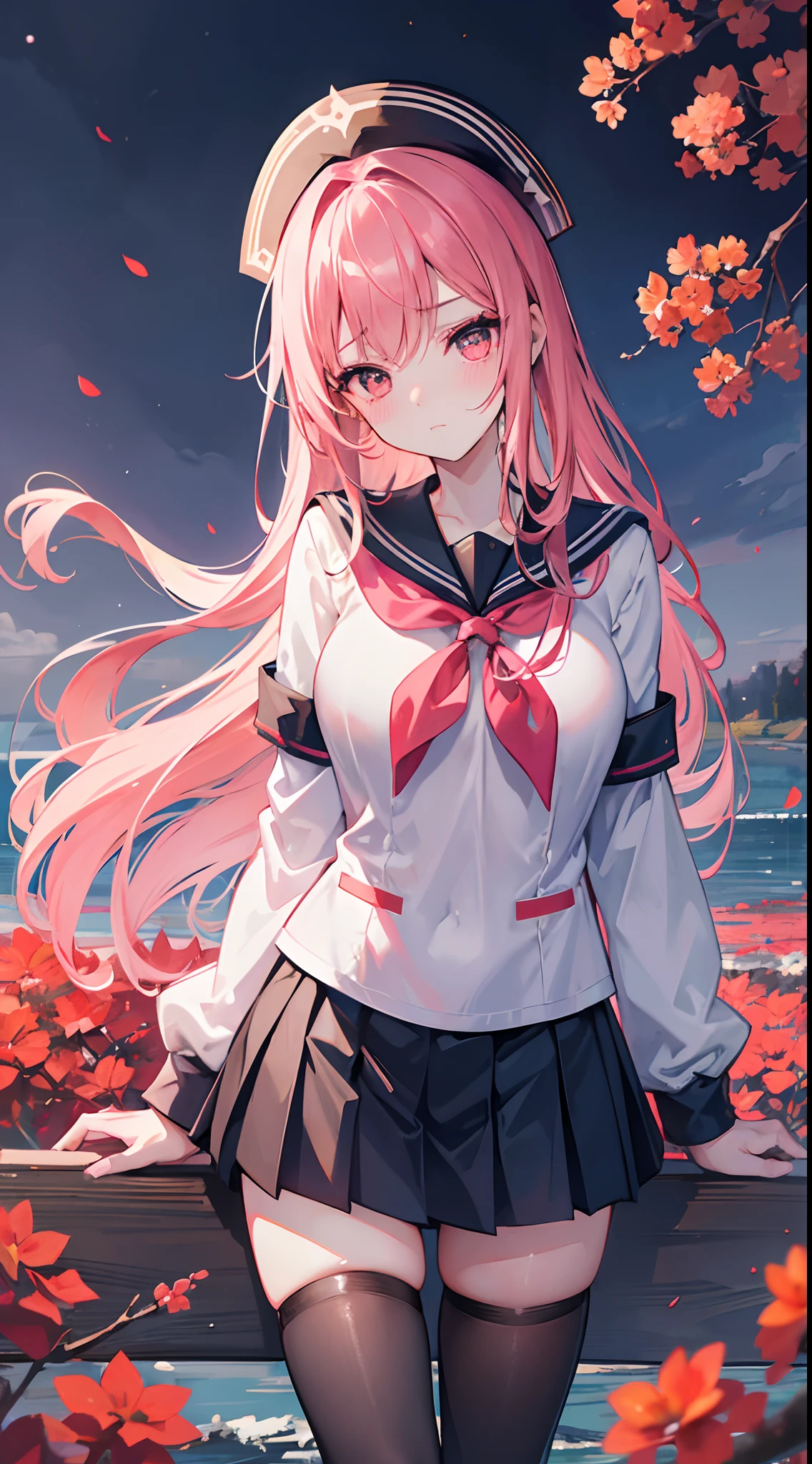 eye shadows，Blushlush，tmasterpiece，Pink Long Hair，dual horsetail，Big Breasts Girl，Sailor uniform uniform school uniform，black lence stockings，short  skirt，A small boat standing on the Great Lake，The surrounding shore is covered with red flowers，It looked like early morning，Shrouded in a fog，Fireflies flicker in the fog，The girl's face was full of expressions of contempt for everything，A faint smile，a warm color palette