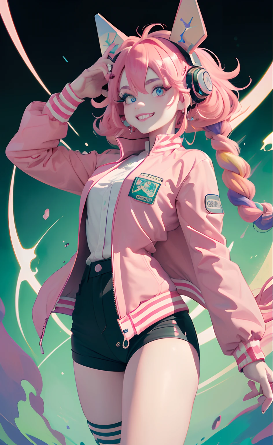 (Masterpiece, Best quality, A high resolution, Ultra detailed:1.2),Deepen finger detail, (Solo, 1girll, Cowboy shot), Dokumiku, double tails, mitts, goggles on head, multicolored hair, Pink eyelashes, Purple eyes, Green jacket, Break, grin, teeth, (Dynamic pose, crazy, Mad scientist), (multicolored background)