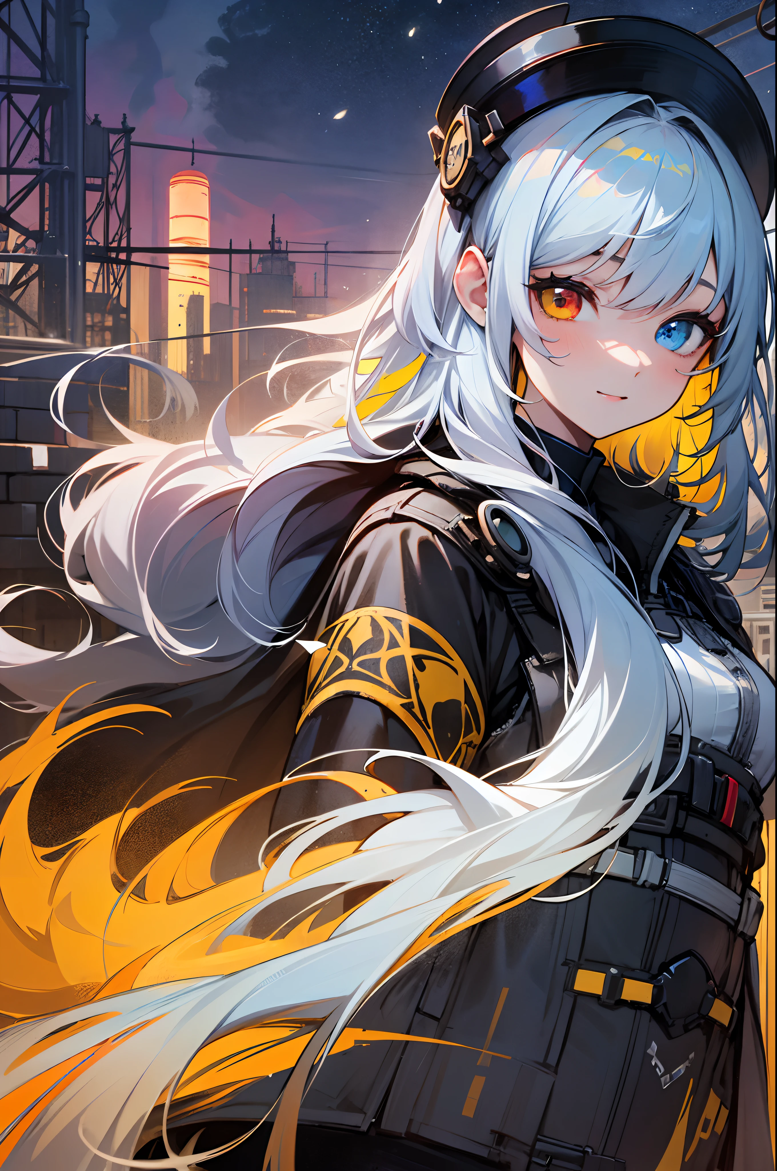 (absurderes、hight resolution、ultra-detailliert)、1womanl、a matural female、Age up、wavy and long hair、Split color hair、heterochromia iridis、bangss、long-sleeve、finely eye and detailed face、extremely detailed CG unified 8k wallpaper、intricate-detail、(style-rustmagic:0.8)、(Cyber City:0.8)、portlate、(bloody wounds:0.7)、、独奏、Half Shot、细致背景、 Determined representation、Dark's Technomancer、floating lights、factories、Tire Shop、caps、overall、鎖骨、jumpping、tools、happy