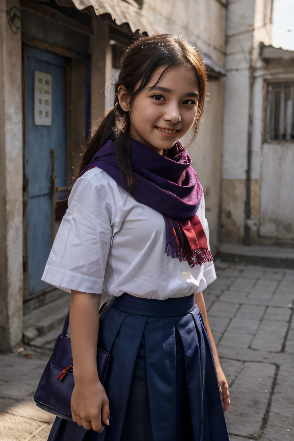 a girl about 12 year old, long dark blue skirt, white shirt, red scarf, cute light purple bag, a school in backgrond, the shine is so cute, the girl is smile, long skirt, she young, she from Vietnam