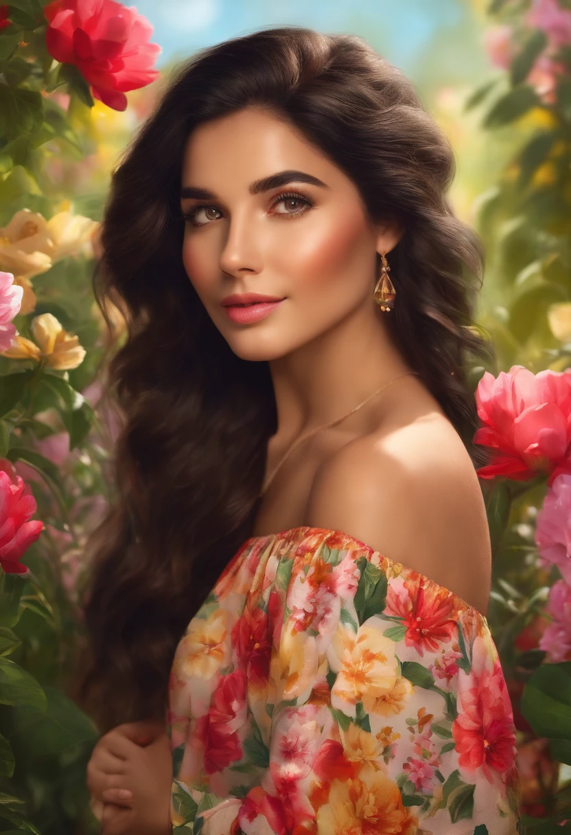 beautiful detailed eyes, rosy cheeks, soft smile, long black hair, wearing a floral print dress, standing in a colorful garden surrounded by blooming flowers and lush greenery. The girl is looking towards the sun, her face illuminated by the golden rays. The scene is captured in vivid colors, with vibrant reds, pinks, and yellows dominating the color palette. The lighting is warm and soft, creating a dreamy atmosphere. The overall image is of high quality, with ultra-detailed features and a realistic, photorealistic rendering style.