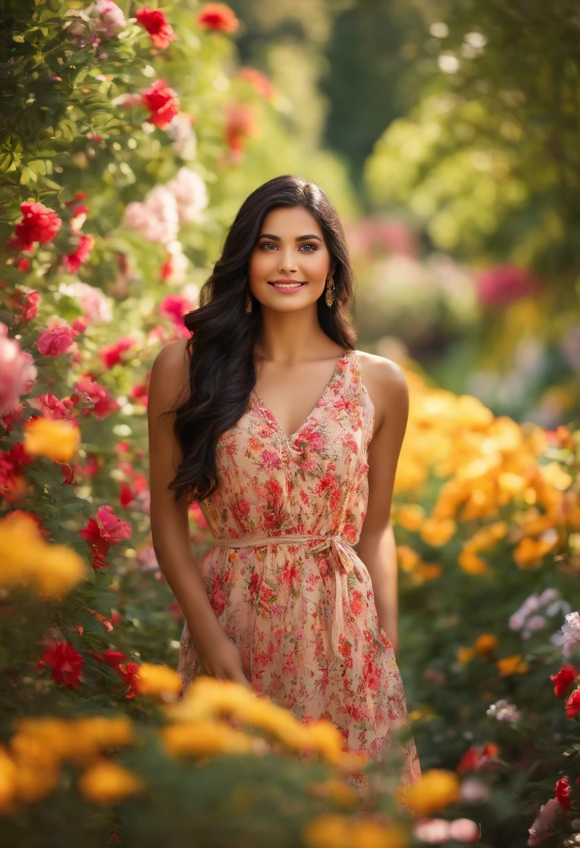 beautiful detailed eyes, rosy cheeks, soft smile, long black hair, wearing a floral print dress, standing in a colorful garden surrounded by blooming flowers and lush greenery. The girl is looking towards the sun, her face illuminated by the golden rays. The scene is captured in vivid colors, with vibrant reds, pinks, and yellows dominating the color palette. The lighting is warm and soft, creating a dreamy atmosphere. The overall image is of high quality, with ultra-detailed features and a realistic, photorealistic rendering style.