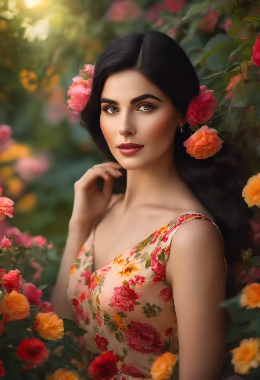 beautiful detailed eyes, rosy cheeks, soft smile, long black hair, wearing a floral print dress, standing in a colorful garden surrounded by blooming flowers and lush greenery. The girl is looking towards the sun, her face illuminated by the golden rays. The scene is captured in vivid colors, with vibrant reds, pinks, and yellows dominating the color palette. The lighting is warm and soft, creating a dreamy atmosphere. The overall image is of high quality, with ultra-detailed features and a realistic, photorealistic rendering style.