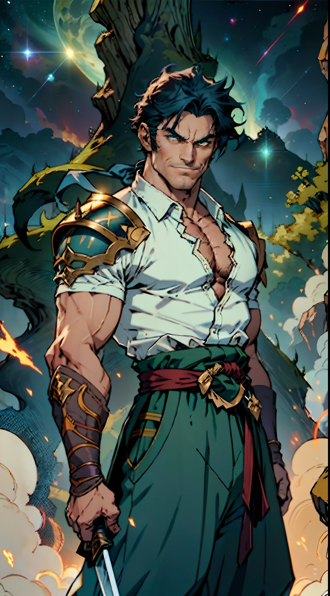 An elderly man with short dark blue hair, a fierce gaze, a wild toothy grin, a fantasy-style outfit of leather armor and a white shirt, a white chest armor with dark blue stripes on the edges, he holds a phantom dagger, dagger emitting a faintly green glow, a belt tied around his waist, cloth trousers, the background shows the vastness of the cosmic stars, this character embodies a finely crafted fantasy-style swordsman in anime style, characterized by an exquisite and mature manga illustration art style, high definition, best quality, highres, ultra-detailed, ultra-fine painting, extremely delicate, professional, anatomically correct, symmetrical face, extremely detailed eyes and face, high quality eyes, creativity, RAW photo, UHD, 8k, Natural light, cinematic lighting, masterpiece:1.5