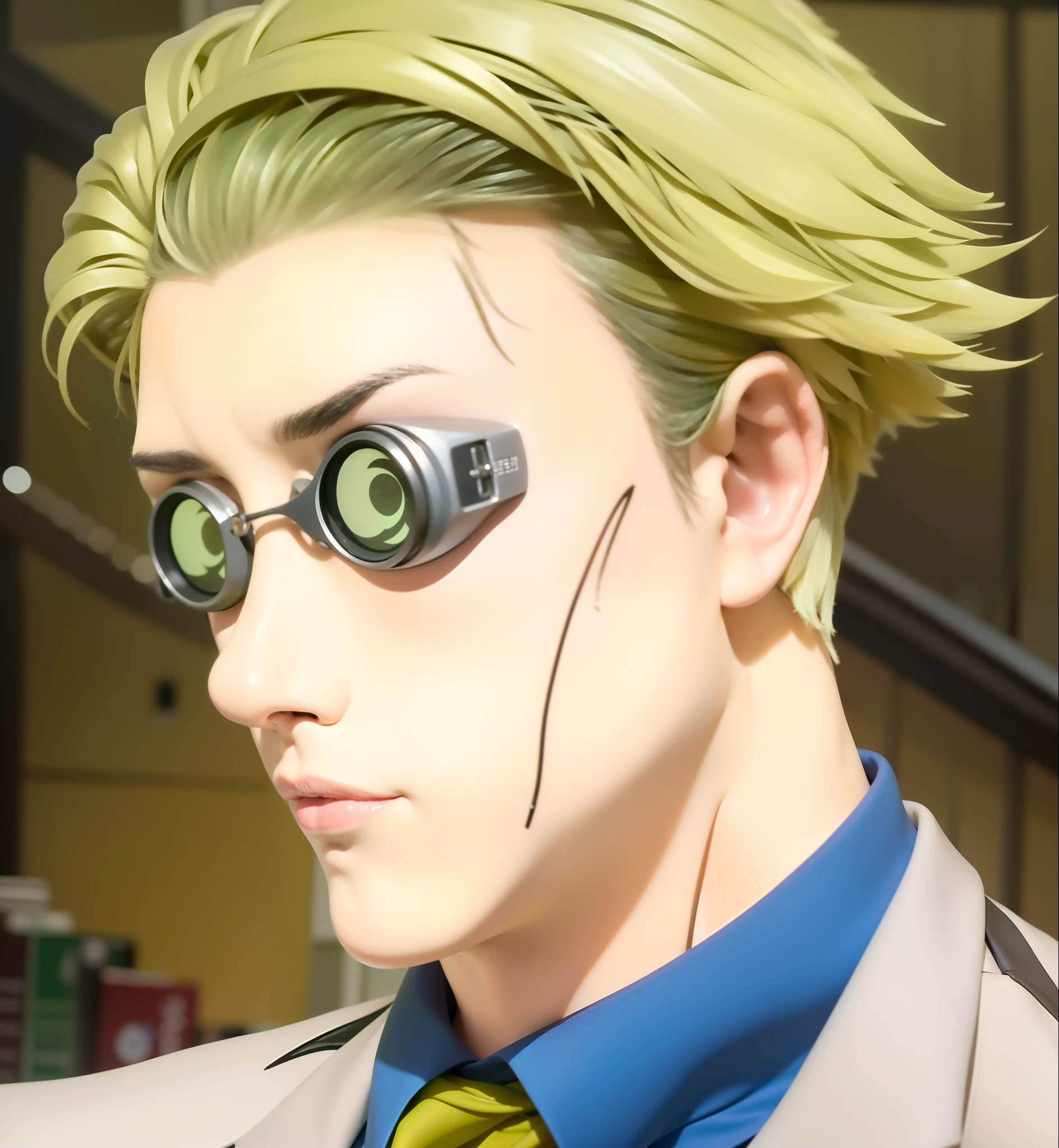 a close up of a man in a suit and tie with glasses, joseph joestar, he wears an eyepatch, gyro zeppeli, jjba, nagito komaeda, norihiro yagi, jojo anime style, wearing an eyepatch, in jojo\'s bizarre adventure, kentaro miura style, miura kentaro style, High quality image, masterpiece, detailed hair texture, detailed skin texture, detailed cloth texture, 8k, add fabric details, ultra detailed skin texture, ultra detailed photo, skin pores, cloth details, high skin details, realistic hair details