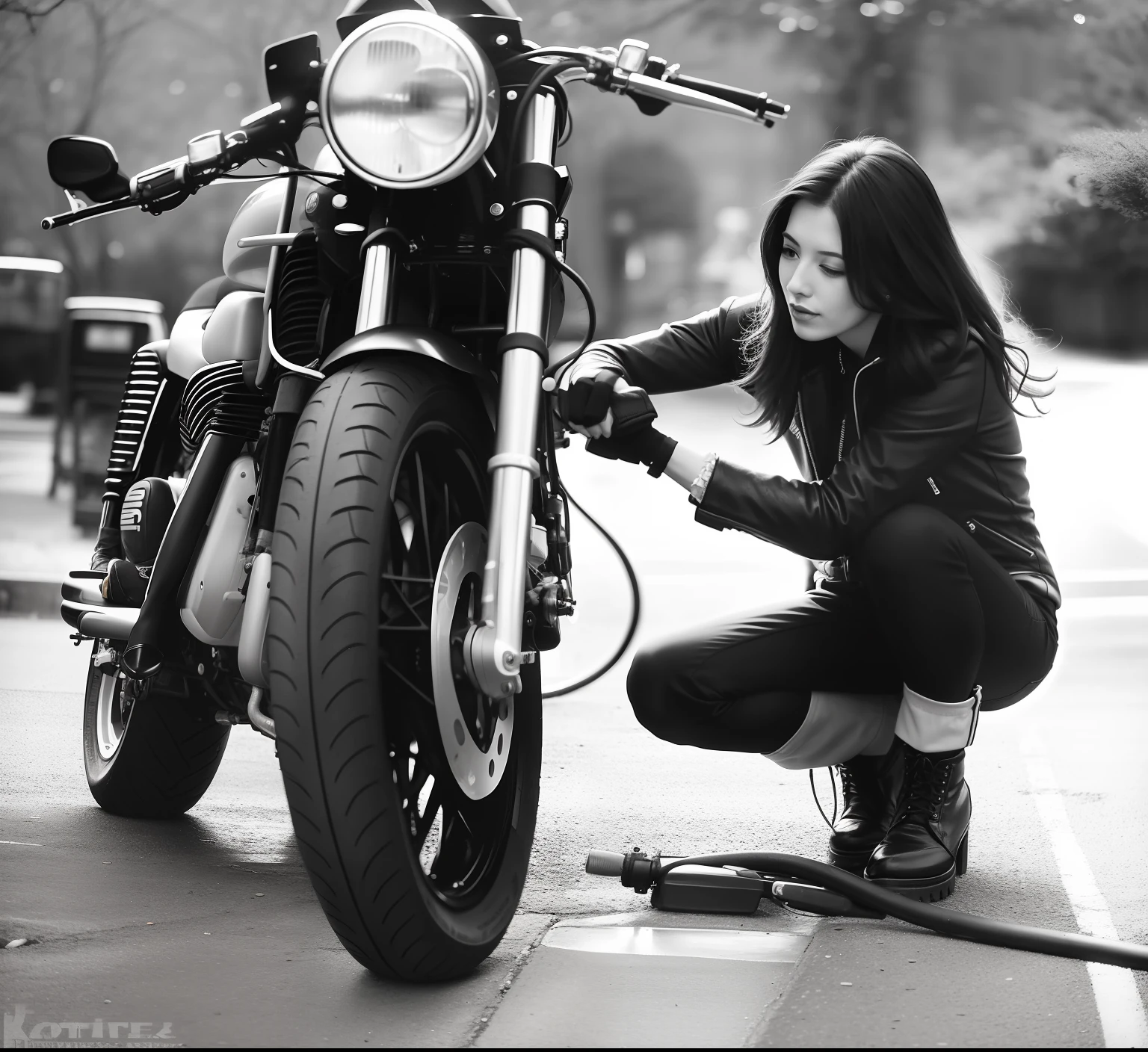 Woman in black and white photo kneeling next to a motorcycle, Sitting on a motorcycle, motorcycle, Photo of a female biker, motorcycle, biker, Riding a motorcycle, Great detail, Thomas Fogarty, Motorcycle rider, by Jeremy Henderson, Cafe Racer, in door : Paul Mavrides, in door : Silvia Pelissero, Jason Benjamin, making: Daniel Ljunggren,Ultra8K