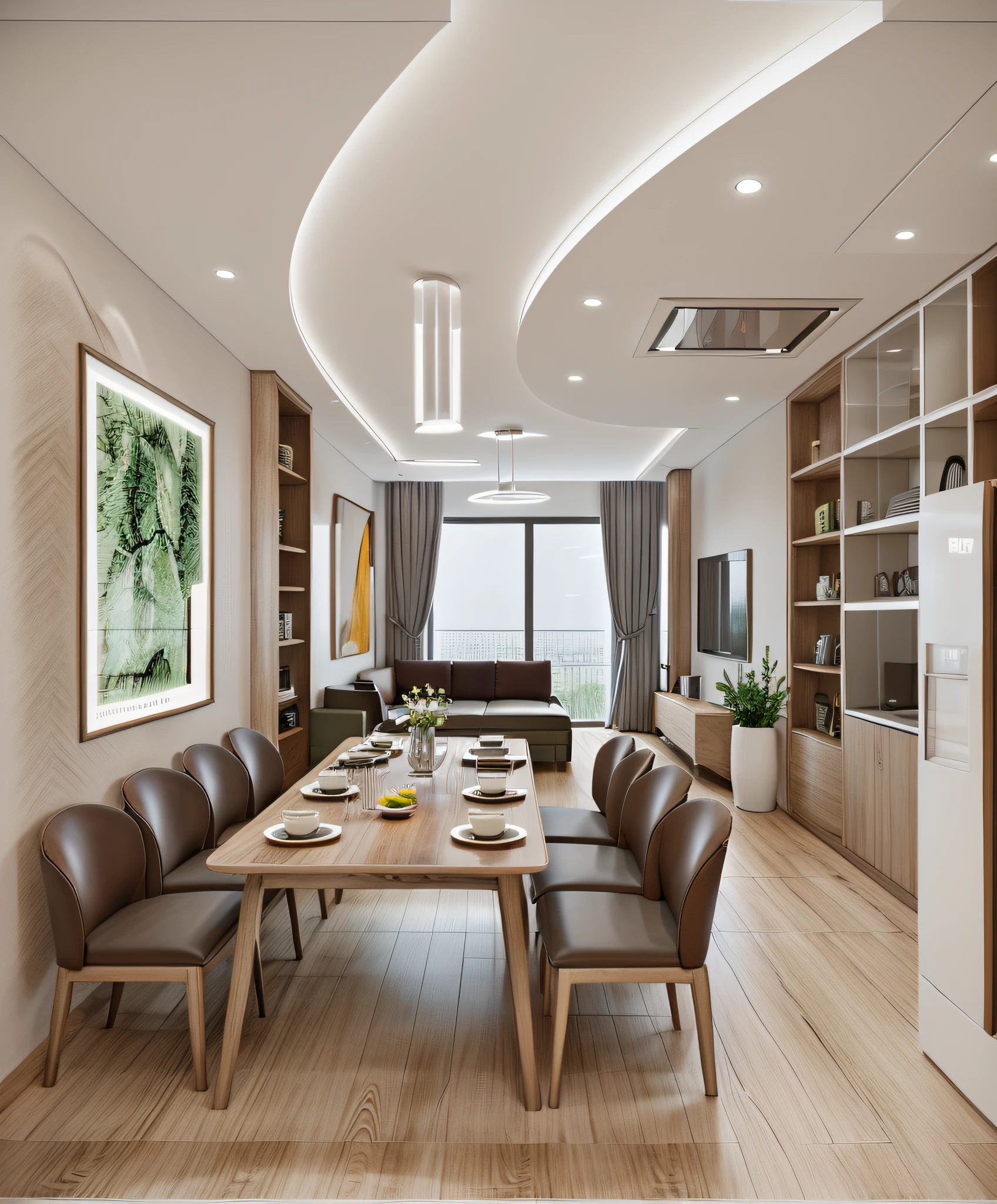 Modern living room, glass windows, sofa, white marble dining table top, wall-mounted TV, white TV shelf, (white glass cabinet), (dark wooden floor), natural style deco wall , high plaster ceiling, warm light tones, vray rendering, most detailed, shimmering light, high quality