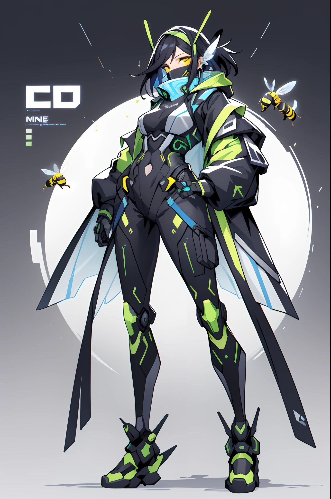 1girll, Solo, (tmasterpiece,top Quority,best qualtiy),((cyber punk style,machine arm,Hologram aura,Surreal Science Fiction Art,Future Science Fiction Aesthetics)),((Anthropomorphism of bees)), 独奏, Holding a black and yellow stick, human structure bee concept art, character design contest winner, cyberpunk bee, Great character design, Cyborg Wasp, Fantasy beekeeper, biopunk cyborg wasp, The main colors are yellow and black, interesting character design, insect trainer girl, no type, cushart kenz, cyberpunk cyborg wasp, full body concept, high quality character design, character design art, ((very simple background))、(Game character design), white backgrounid(((flatcolors)))