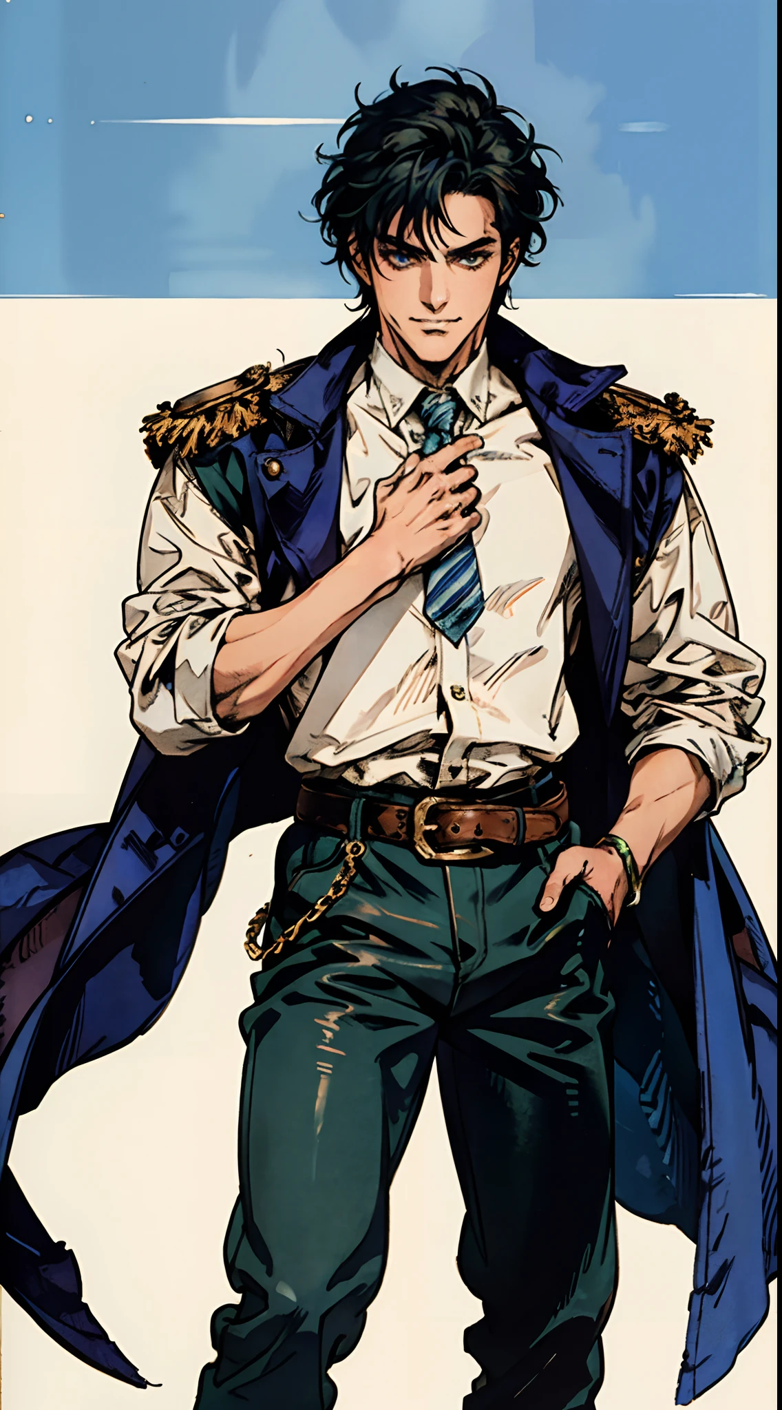 An elderly man with short dark blue hair, a fierce gaze, a wild toothy grin, a fantasy-style outfit of leather armor and a white shirt, a white chest armor with dark blue stripes on the edges, he holds a phantom dagger, dagger emitting a faintly green glow, a belt tied around his waist, cloth trousers, the background shows the vastness of the cosmic stars, this character embodies a finely crafted fantasy-style swordsman in anime style, characterized by an exquisite and mature manga illustration art style, high definition, best quality, highres, ultra-detailed, ultra-fine painting, extremely delicate, professional, anatomically correct, symmetrical face, extremely detailed eyes and face, high quality eyes, creativity, RAW photo, UHD, 8k, Natural light, cinematic lighting, masterpiece:1.5