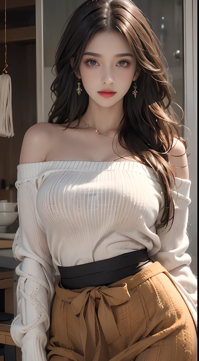 Off-shoulder knitwear、Wearing an apron、nffsw,best qualtiy:1.4, Photorealista:1.4, Skin Texture:1.4, masterpiece:1.8, 1 Women, hips up high, beautidful eyes, The long-haired, Ringed Eyes, large full breasts