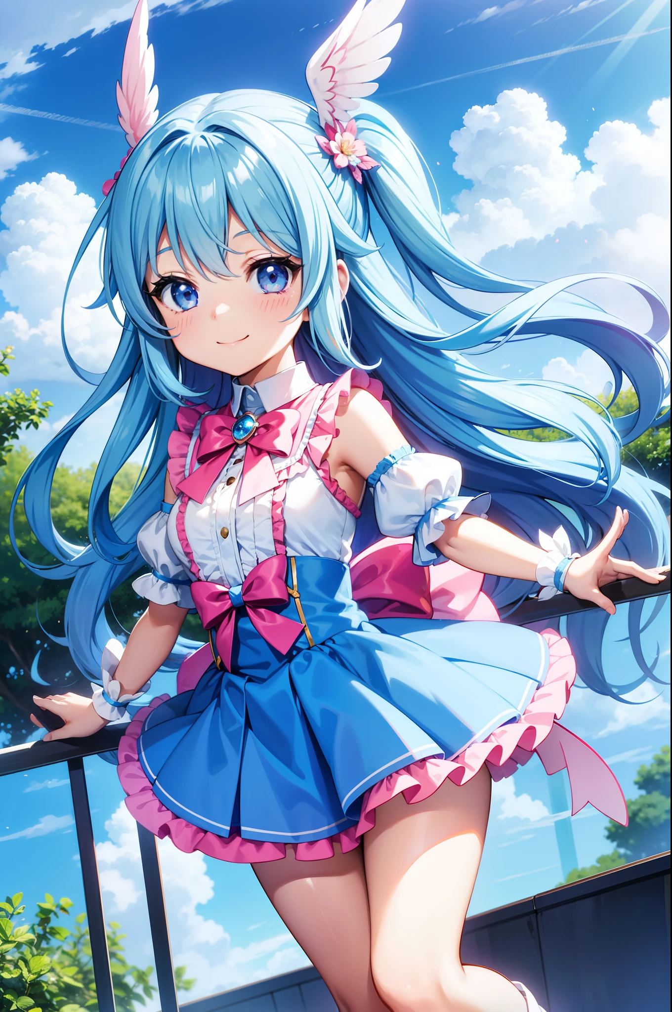 Super Idol Little Girl A charming smile sky blue hair length hair Twin-tailed Cute bright pink and white and blue costume、large wings on the back、Flying in the sky、Mystical Fantasia