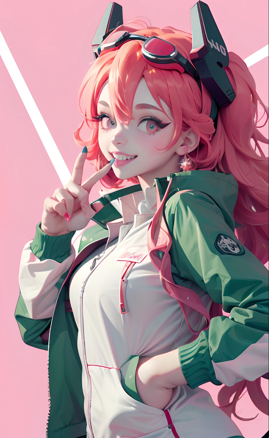 (Masterpiece, Best quality, A high resolution, Ultra detailed:1.2),Deepen finger detail, (Solo, 1girll, Cowboy shot), Dokumiku, double tails, mitts, goggles on head, multicolored hair, Pink eyelashes, Purple eyes, Green jacket, Break, grin, teeth, (Dynamic pose, crazy, Mad scientist), (multicolored background)