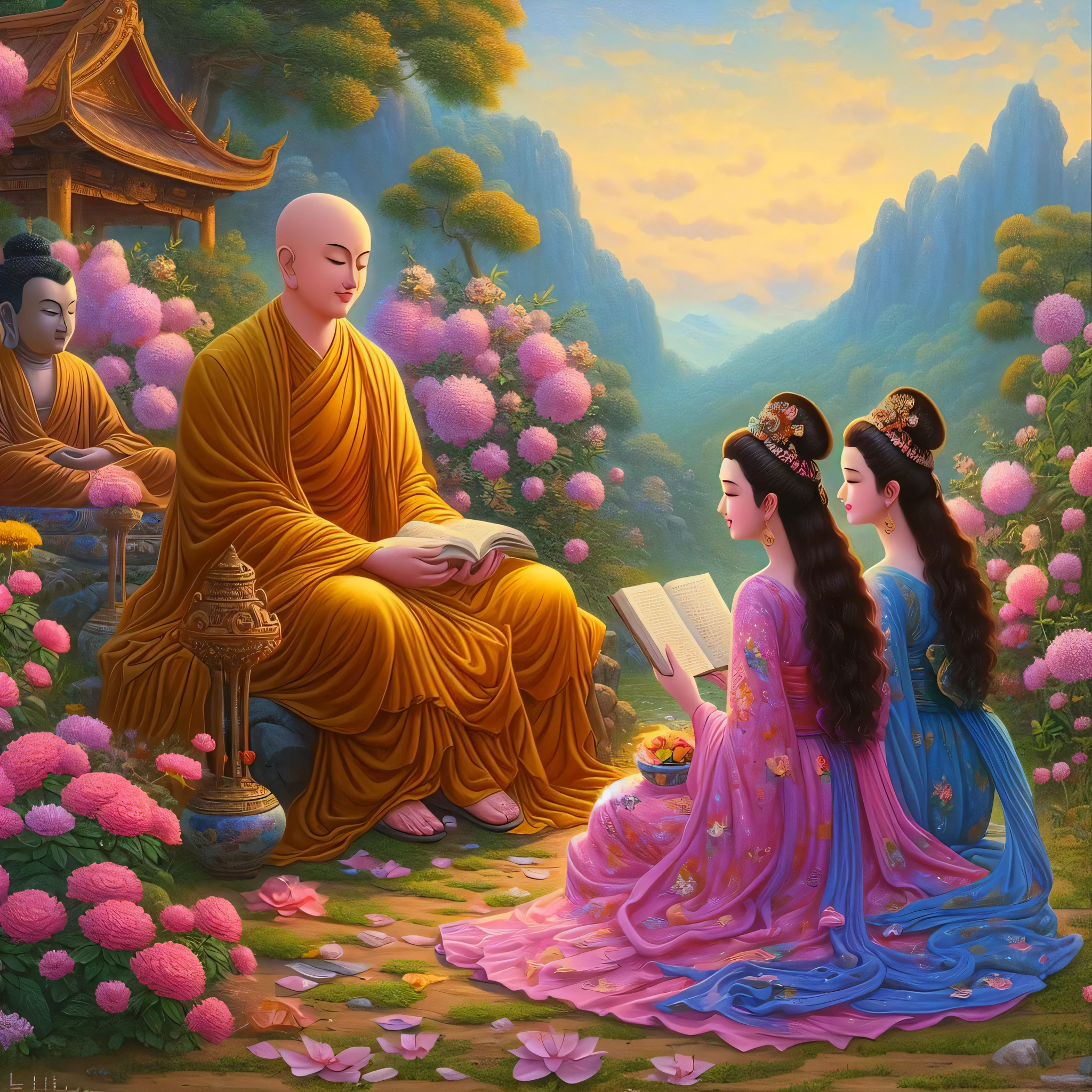 a painting of a monk reading a book to a woman in a garden, by Li Song, by Lu Guang, buddhist, beautiful depiction, chinese fantasy, by Ma Quan, on the path to enlightenment, inspired by Yang Buzhi, ancient chinese beauties, by Pu Hua, sitting on a lotus flower, by Qian Du, by Bayard Wu