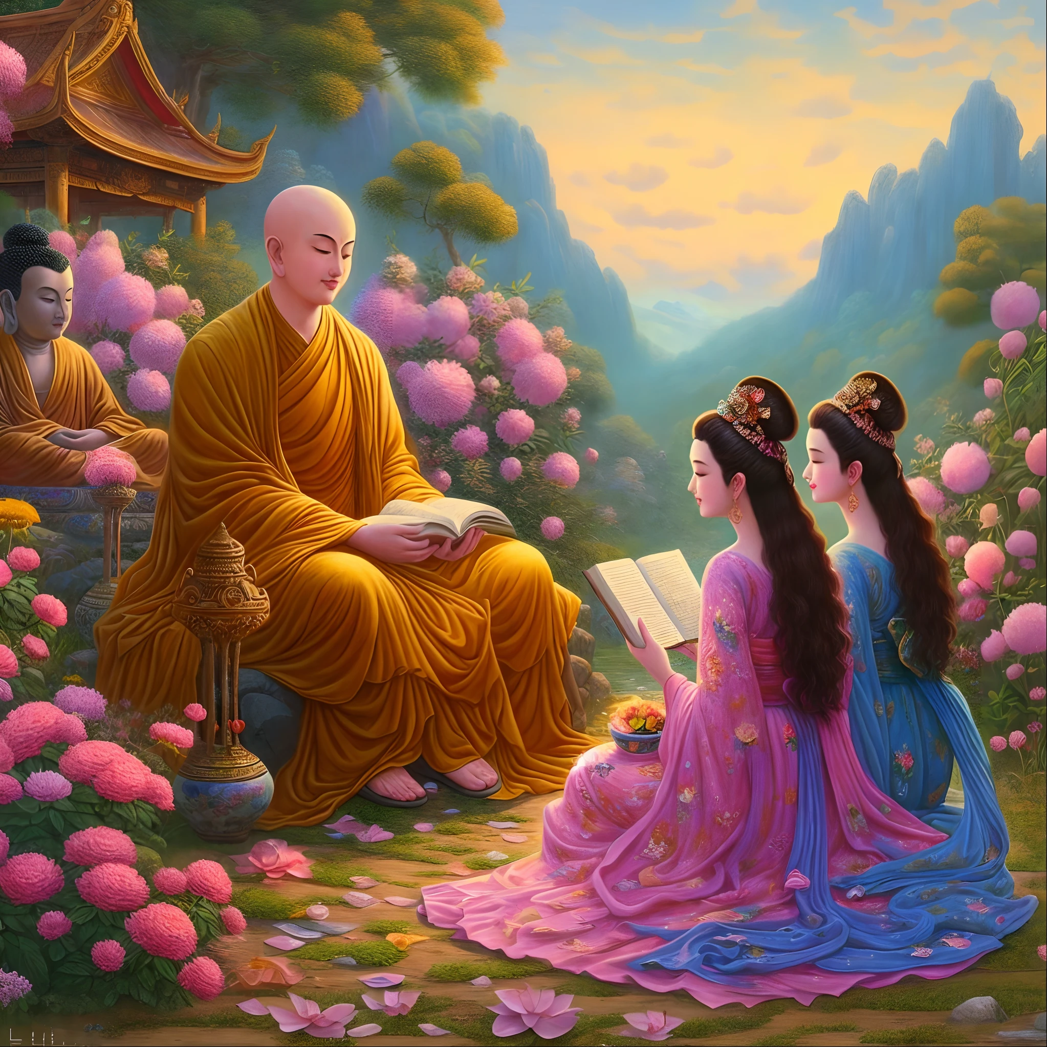 a painting of a monk reading a book to a woman in a garden, by Li Song, by Lu Guang, buddhist, beautiful depiction, chinese fantasy, by Ma Quan, on the path to enlightenment, inspired by Yang Buzhi, ancient chinese beauties, by Pu Hua, sitting on a lotus flower, by Qian Du, by Bayard Wu
