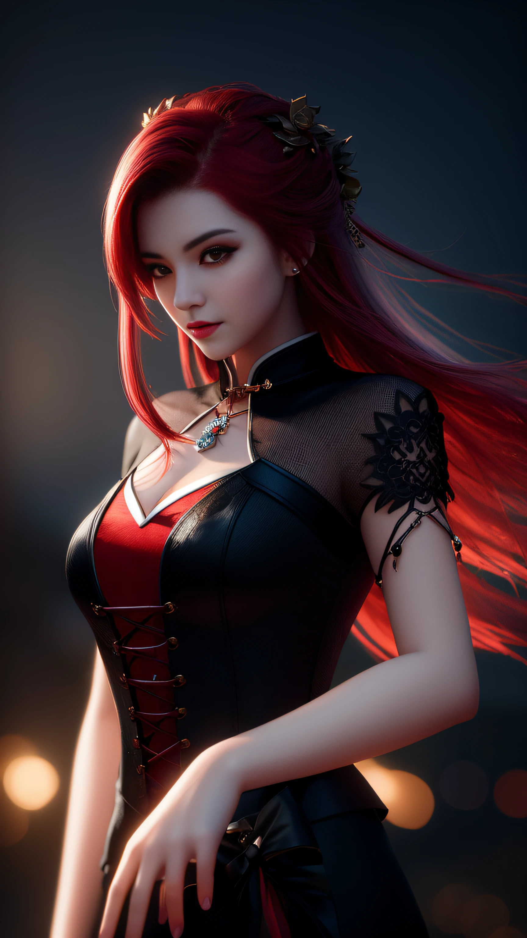 Vampire, Best Quality, Masterpiece, Hi-Res, One Girl, Cheongsam, Red Hair, Headwear, Necklace, Jewelry, Beautiful Face, On Body, Tyndall Effect, Photorealistic, Dark Studio, Rim Lighting, Two Tone Lighting, (High Definition Skin: 1.2 ), 8k uhd, DSLR, soft lighting, high quality, volumetric lighting, candid, photography, high definition, 4k, 8k, bokeh