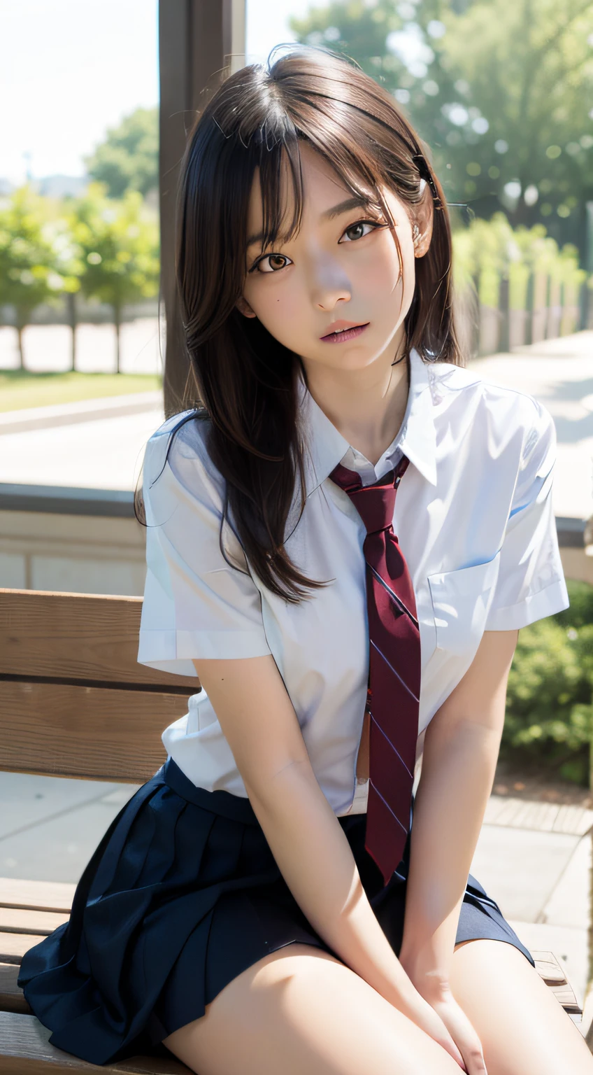 (masutepiece, Best Quality:1.2), 8K, 18year old, 85 mm, Official art, Raw photo, absurderes, White dress shirts, Pretty Face, close up, Upper body, violaceaess, gardeniass, Beautiful Girl, School uniform, (Navy pleated skirt:1.1), Cinch West, thighs thighs thighs thighs, Short sleeve, ‎Classroom, Sit on a bench seat, Looking at Viewer, No makeup, (Smile:0.4), Film grain, chromatic abberation, Sharp Focus, face lights, clear lighting, Teen, Detailed face, Bokeh background, (dark red necktie:1.1)、medium breasts⁩