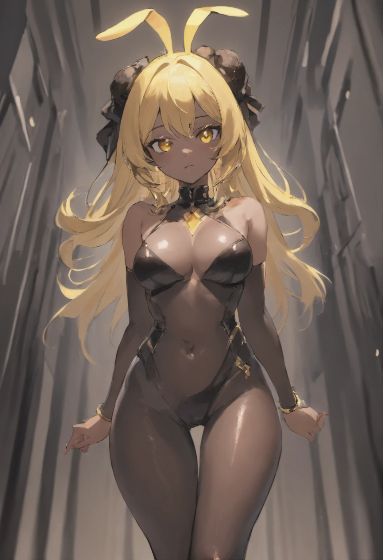 Adult Woman, Dark Skin, Yellow Eyes, Annoyed Expression, Bunny Costume, Black Tights, Black Heels, Bunny Ears, Muscular Body, Black Hair, Long Hair