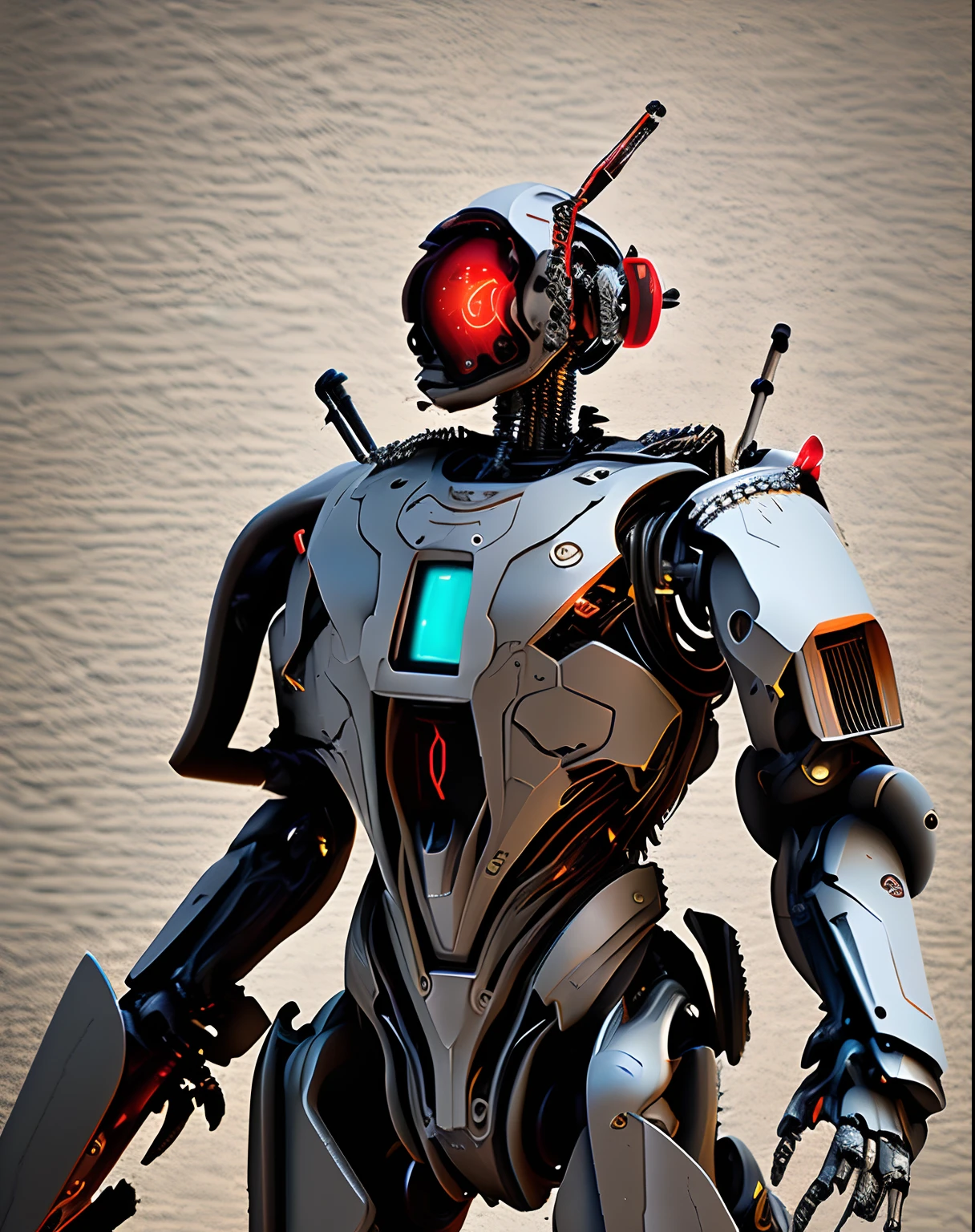 dvMech, 85mm, f1.8, Robot Portrait, Dark Matte Smooth Ceramic, Intricate Design, Very Detailed, Fine Details, Extremely Sharp Lines, Cinematic Lighting, Realistic Photos, A Detailed Masterpiece, Dark_Fantasy, Cyberpunk ,(chain saw,chain saw man,Red:1.1),1man,Mechanical marvel,Robotic presence,Cybernetic guardian,in a battered mech suit,intricate,(steel metal [rusty]),elegant,clear focus,by shot by greg rutkowski, soft lighting, vibrant colors, masterpiece, ((street)), cowboy shot, dynamic pose,