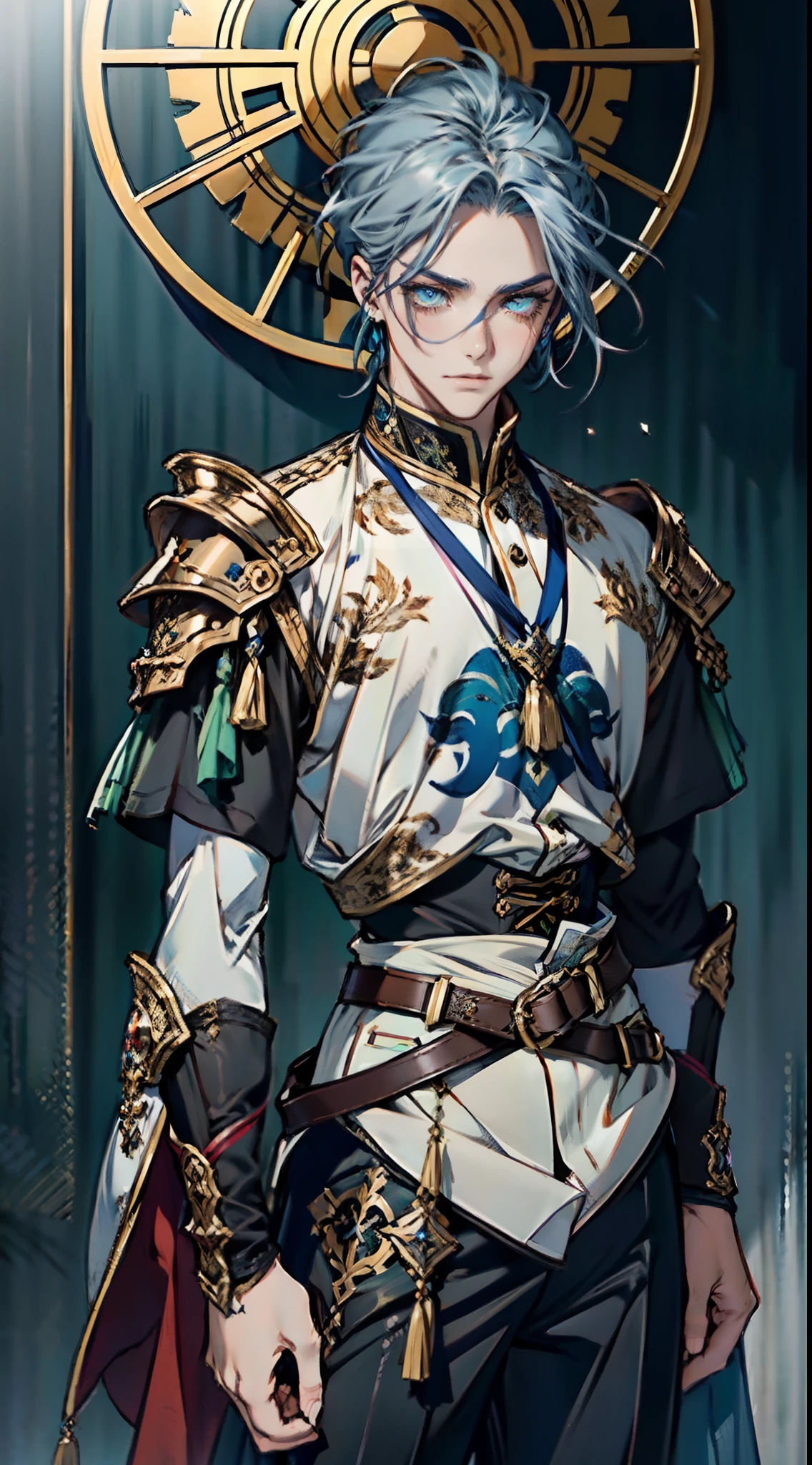 An elderly man with short dark blue hair, a fierce gaze, a wild toothy grin, a fantasy-style outfit of leather armor and a white shirt, a white chest armor with dark blue stripes on the edges, he holds a phantom dagger, dagger emitting a faintly green glow, a belt tied around his waist, cloth trousers, the background shows the vastness of the cosmic stars, this character embodies a finely crafted fantasy-style swordsman in anime style, characterized by an exquisite and mature manga illustration art style, high definition, best quality, highres, ultra-detailed, ultra-fine painting, extremely delicate, professional, anatomically correct, symmetrical face, extremely detailed eyes and face, high quality eyes, creativity, RAW photo, UHD, 8k, Natural light, cinematic lighting, masterpiece:1.5