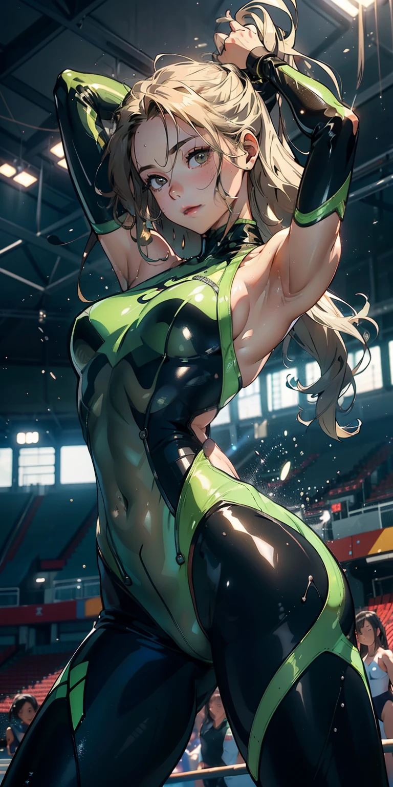 -yeld gi 独奏, Breasts enlarged、Transparent green(Wearing a bodysuit with tight-fitting transparent tights)、With a thin fabric that emphasizes smiling buttocks、ultra close up、gymnast、​masterpiece, top-quality, realisitic, ultra-detailliert, (shinny skin, Sweating: 1.4), Versatile sexy poses、Blonde long wavy hair、Brown-eyed, slender, dynamic light and shadow, hight resolution, foco nítido, depth of fields, Narrow-eyed, Sharp pupils, Realistic pupils, (breasts are small: 1.6), (Thigh thickness: 1.0),Gymnastics Stadium